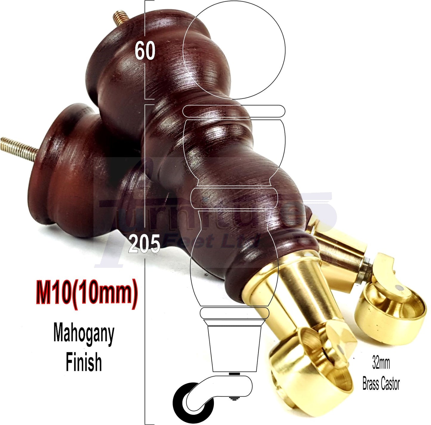 Solid Wood Furniture Feet With Castors Set of 4 Legs 205mm High For Sofas Chairs & Beds M10 Thread