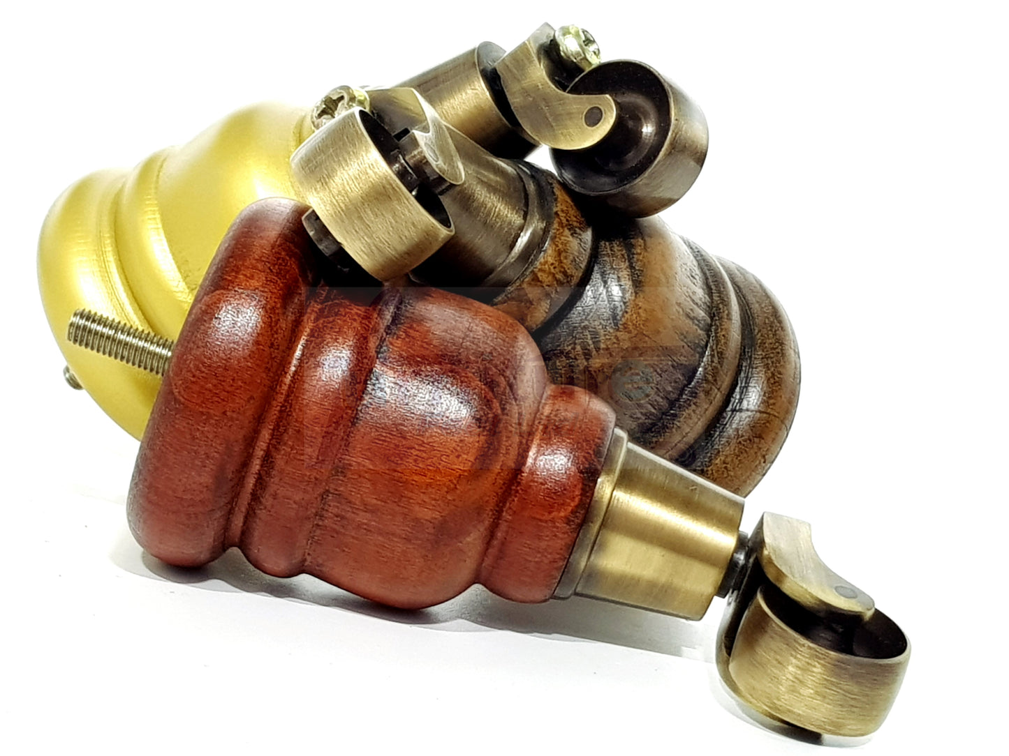 4 Turned Wood Furniture Feet With Antique Brass Castors 155mm Legs Sofas Chairs Stools Cabinets Beds M8 6 Inches