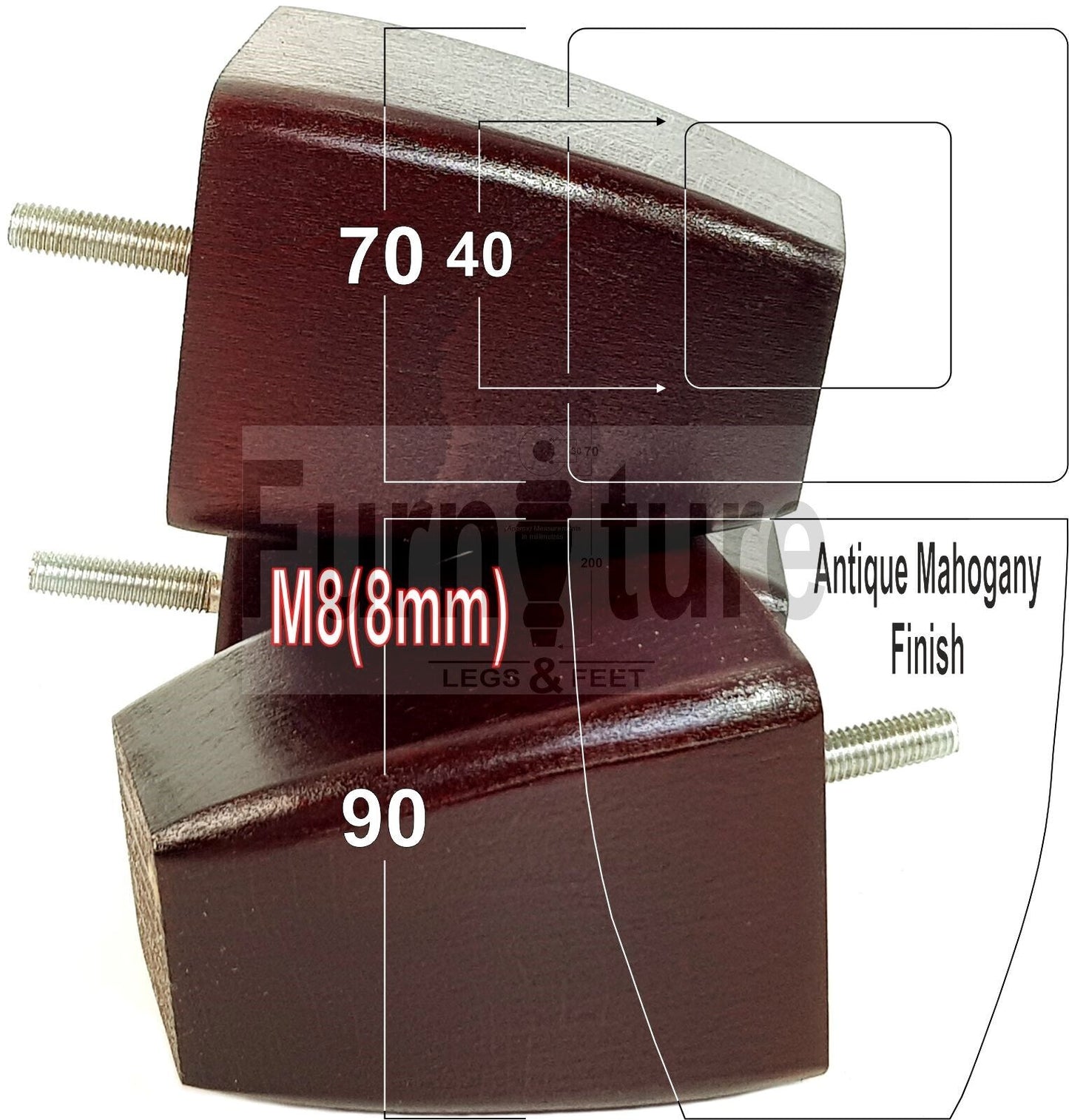 Set Of 4 Solid Wooden Block Furniture Feet Replacement Legs 90mm High M8(8mm)