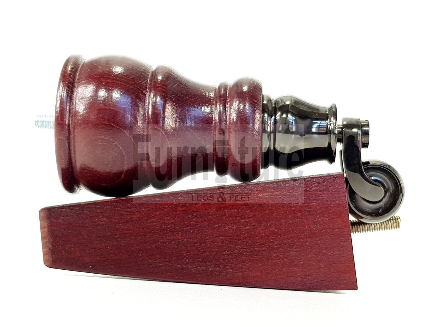 2 Wooden Castor Furniture Sofa Legs & 2 Curved Back Feet  Mahogany M8 Chair Settee Feet 160mm High