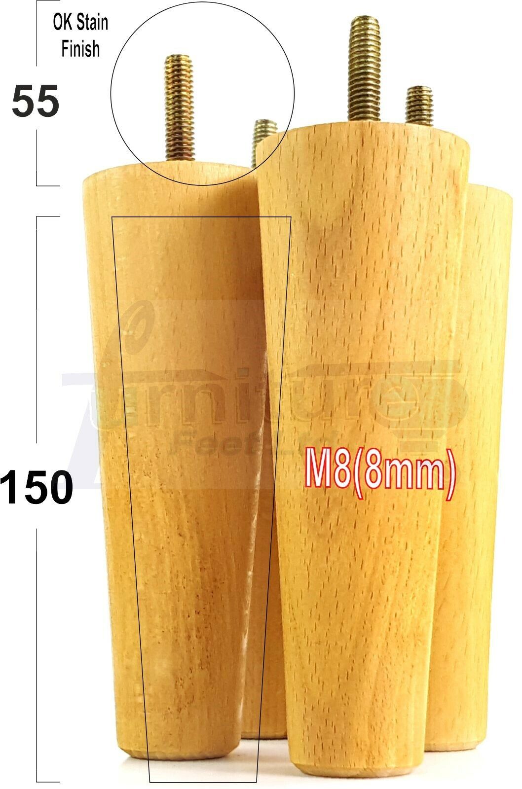 Modern Turned Solid Wood Furniture Feet 150mm High Mid Century Retro Tapered Replacement Legs M8 Set of 4 Sofa Chairs Stools Cabinets Beds