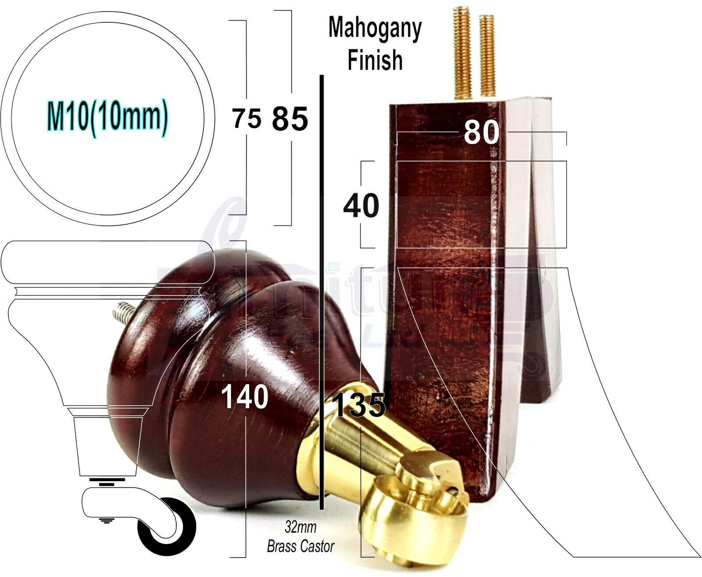 Turned Wood Furniture Feet 2 With Castors 140mm & 2 Curved Back Legs Sofas Chairs Stools Cabinets Beds M10(10mm)