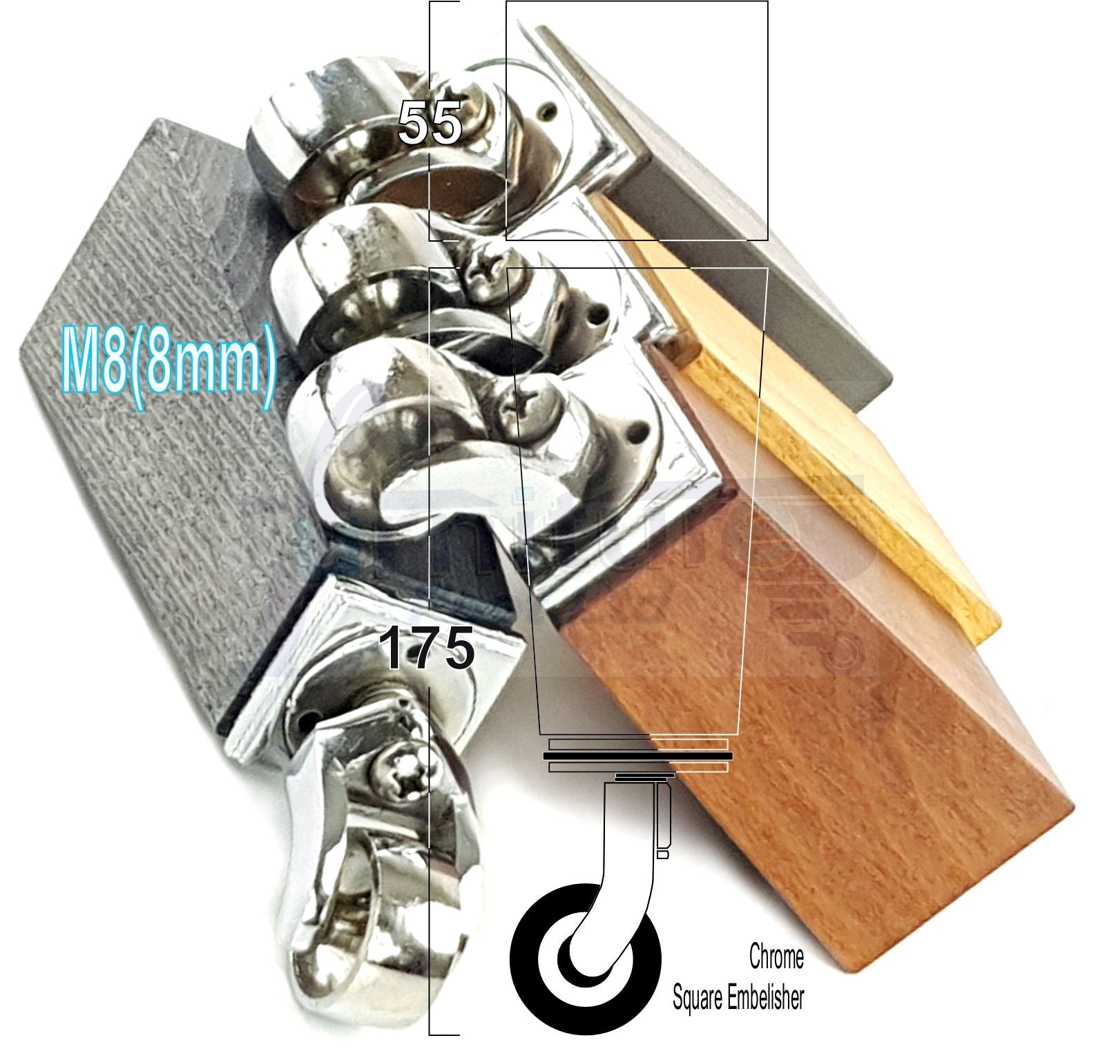 4x Solid Wood Furniture Legs Chair Sofa Bed Replacement Feet 175mm High With Chrome Castors 8mm Thread