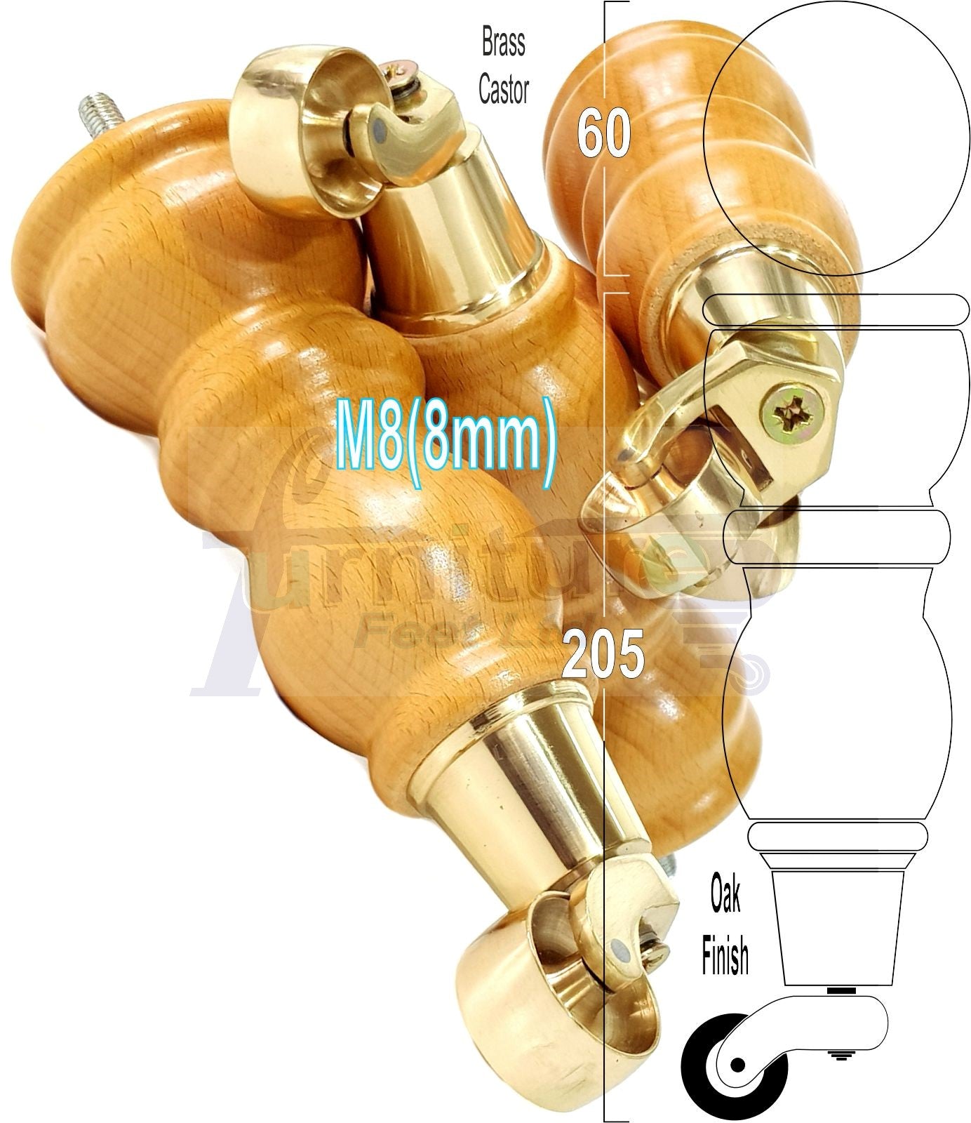 Solid Wood Furniture Feet With Castors Set of 4 Legs 205mm High For Sofas Chairs Stools Cabinets & Beds M8