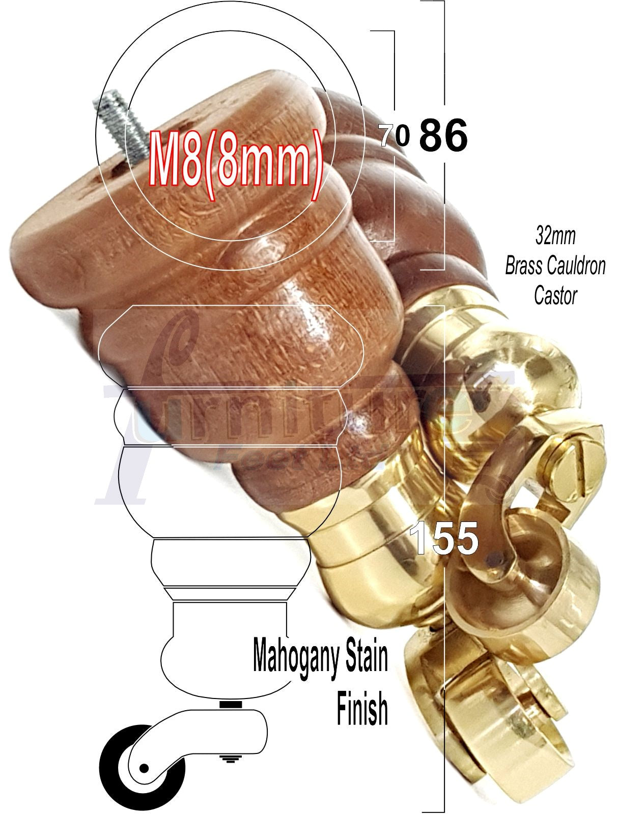 4 Turned Wood Furniture Feet With Brass Cauldron Castors 160mm Legs Sofas Chairs Stools Cabinets Beds M8 6 Inches