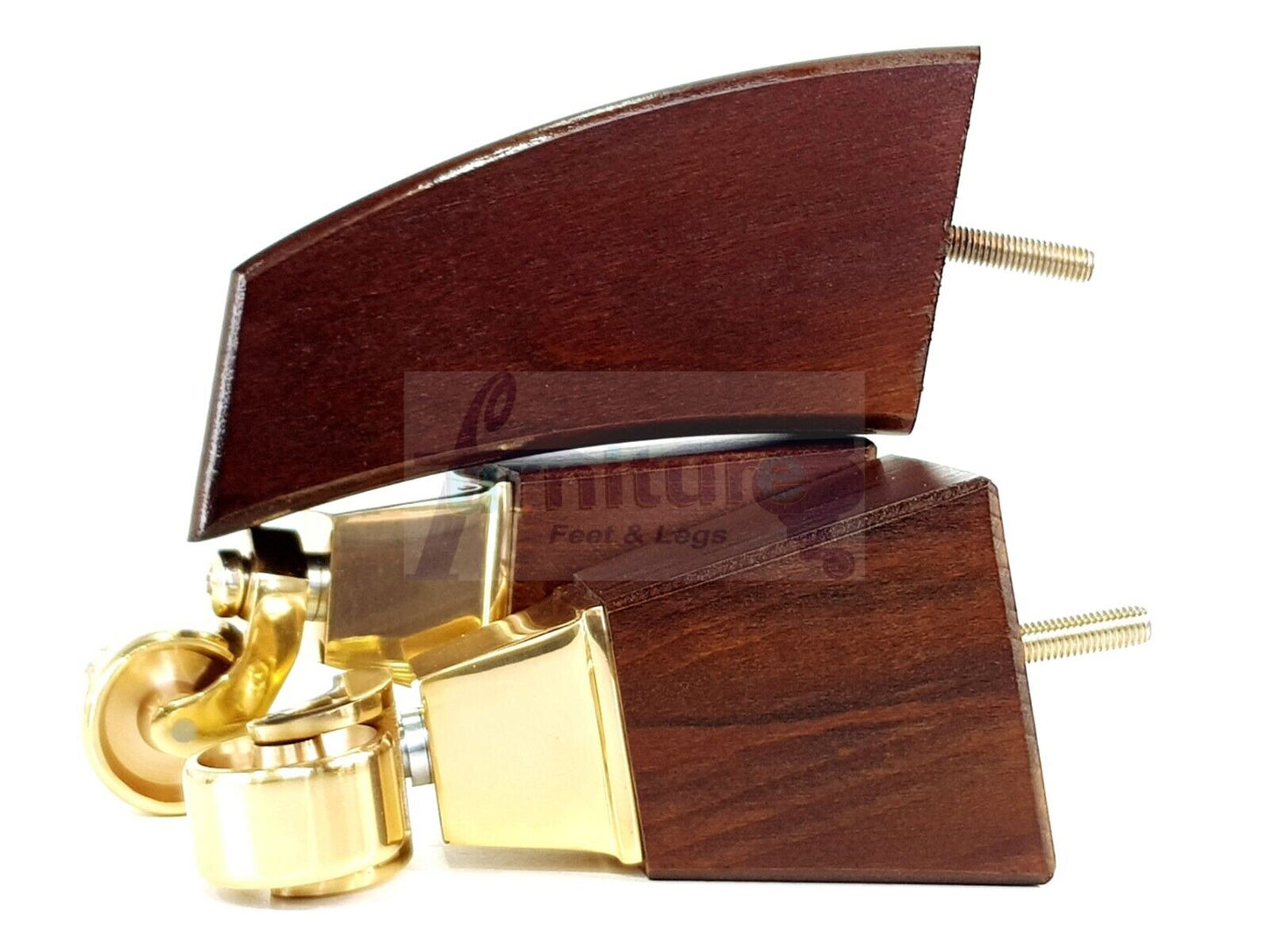 2x Cuved Wood Furniture Legs & 2x Brass Castor Feet 150mm High For Chairs Sofas Settees 8mm Thread