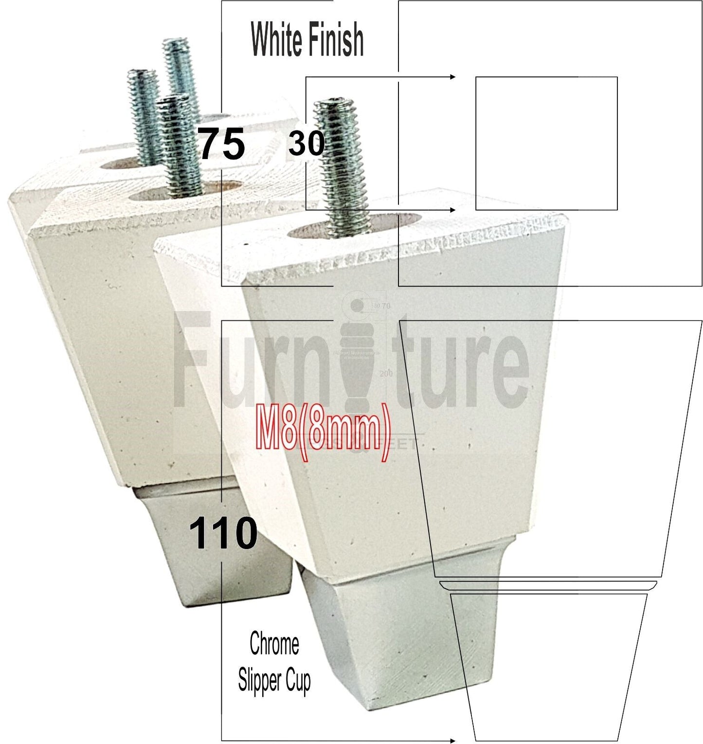 4x Block Wood With A Chrome Slipper Cup Furniture Chair Settee Legs M8 Sofa Feet 110mm