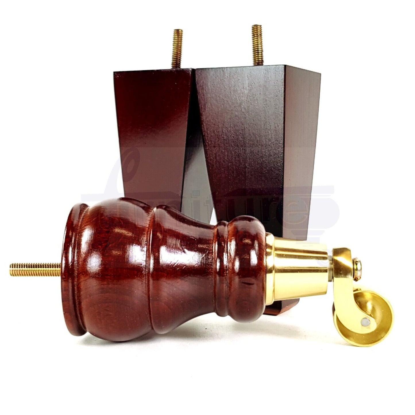 2 Wooden Castor Furniture Sofa Legs & 2 Curved Back Feet  Mahogany M8 Chair Settee Feet 160mm High