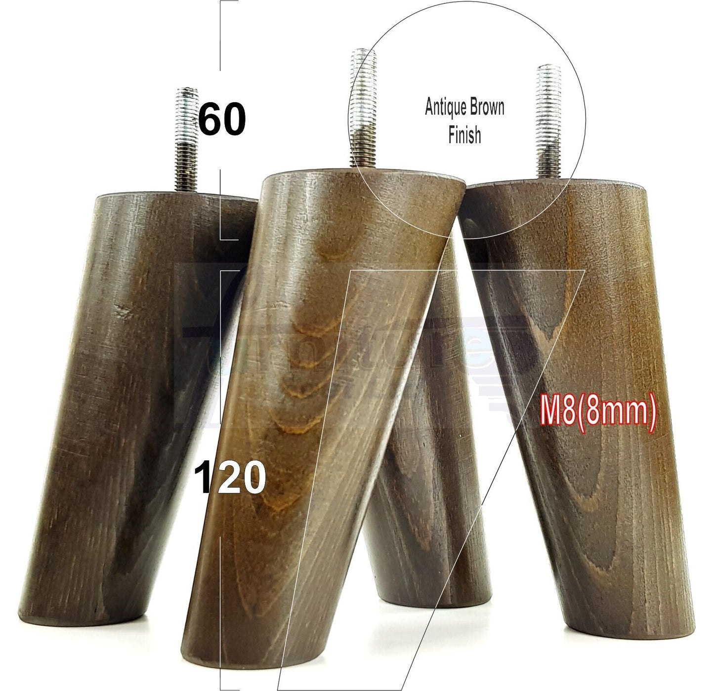4 Solid Wood Turned Furniture Feet Replacement Mid Centry Angled Retro Legs 120mm High M8 Sofa Chairs Stools Cabinets Beds