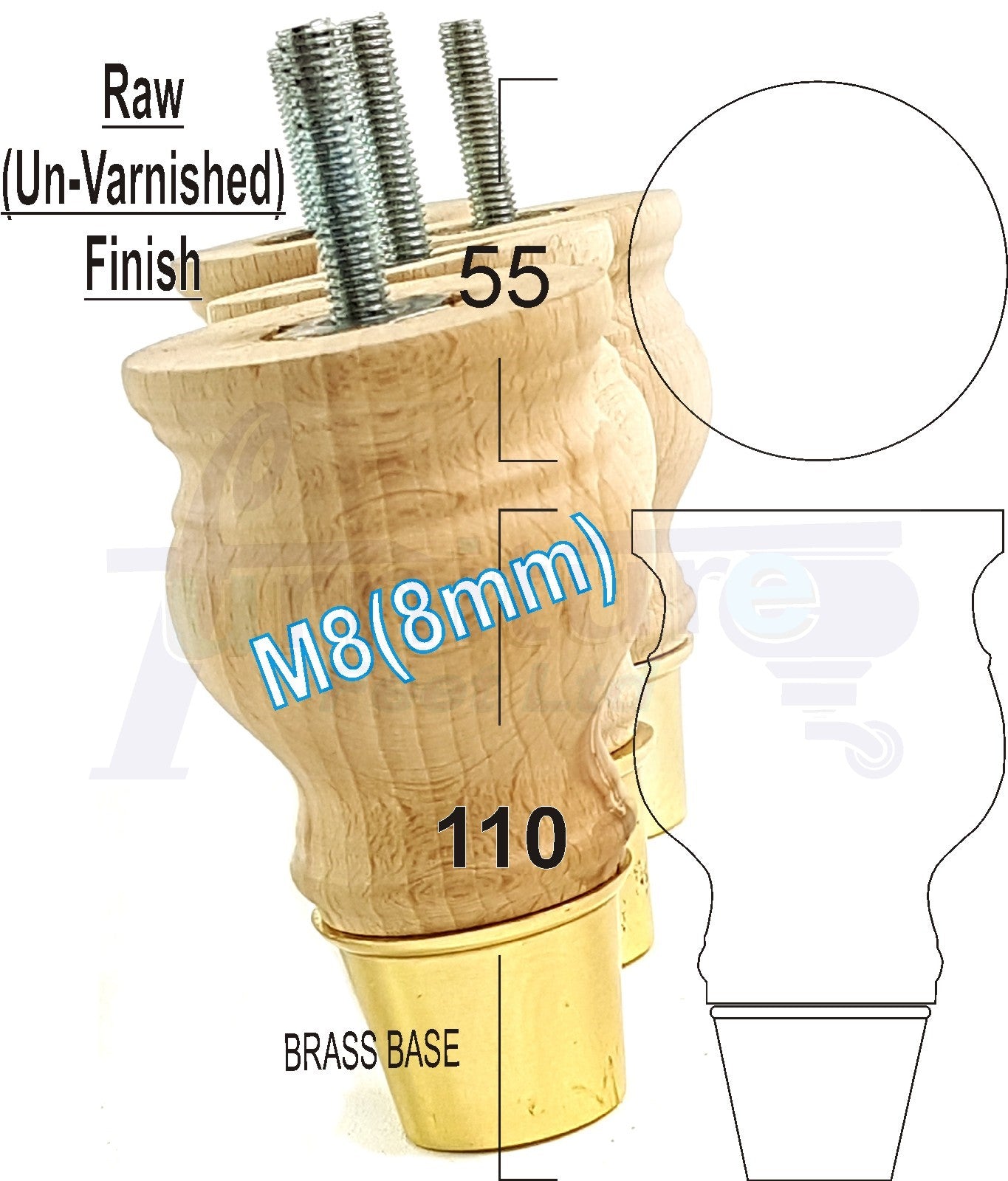 4x Turned Wood Furniture Feet With Slipper Cup M8 Chair Sofa Settee Legs 110mm