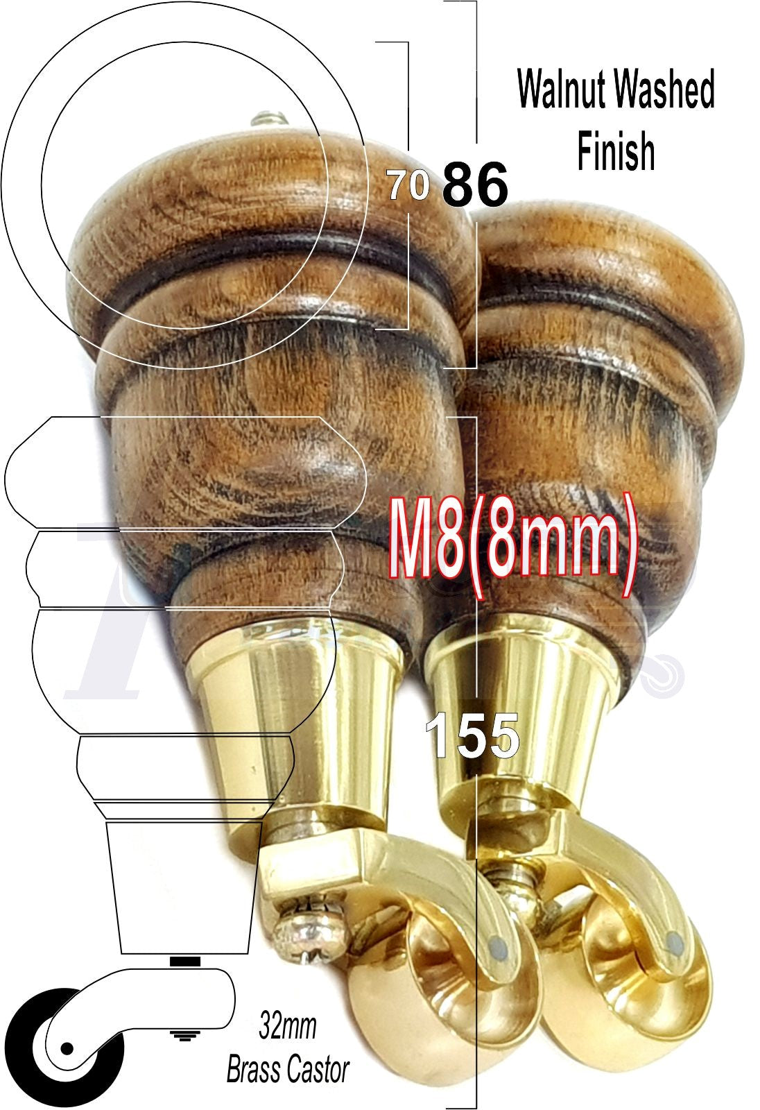 4 Turned Wood Furniture Feet With Brass Castors 155mm Legs Sofas Chairs Stools Cabinets Beds M8 6 Inches