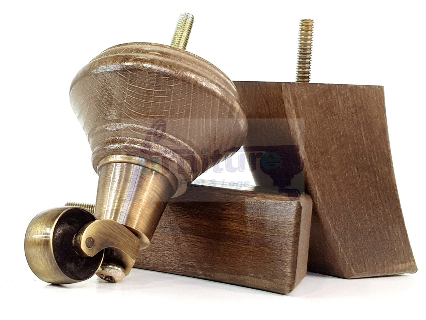 2 Antique Brown Stain Wood Furniture Sofa Feet With Castor 125mm & 2 Curved Legs Chair Settee 100mm High M8