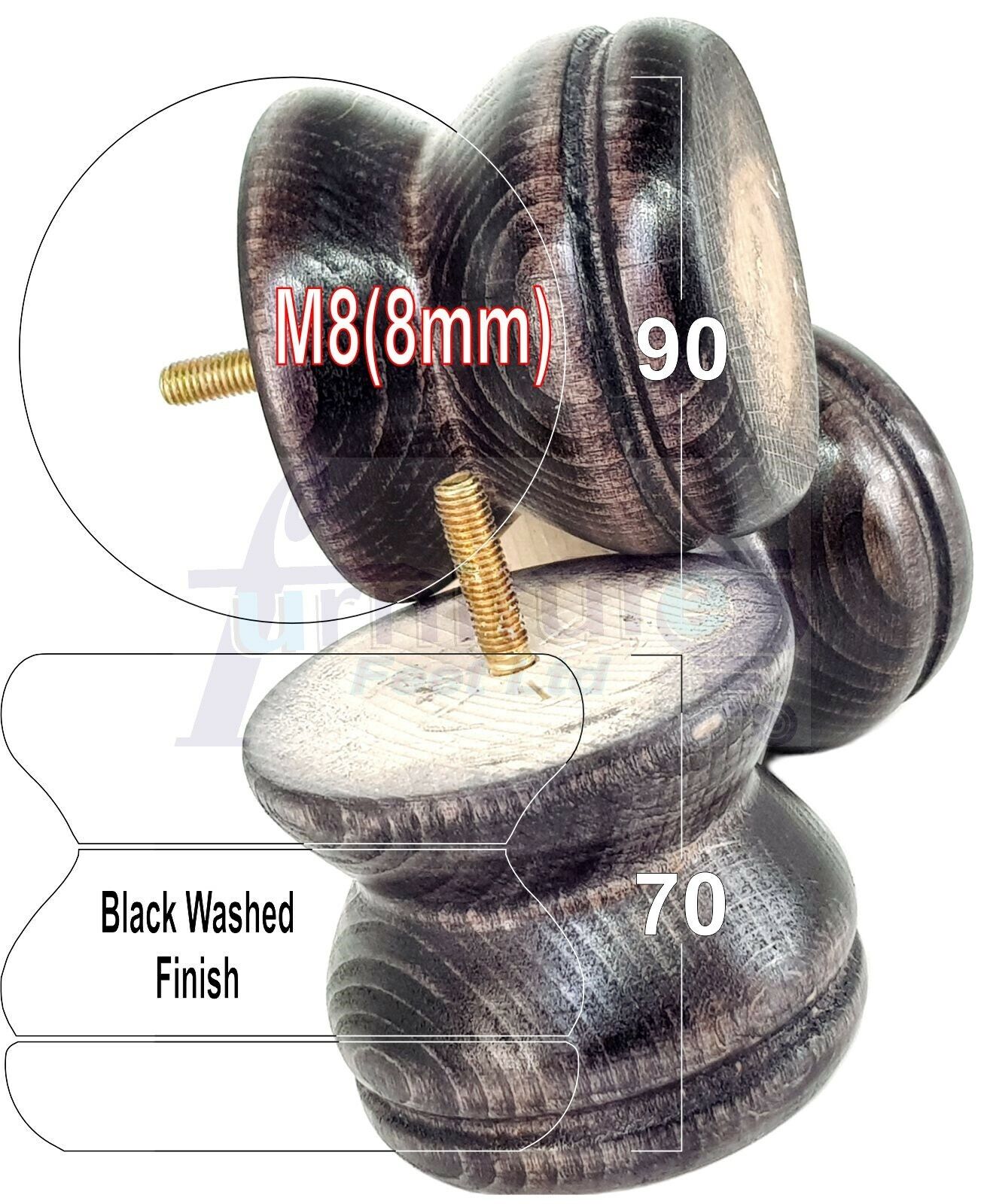 4x Turned Solid Wood Furniture Legs Replacement Bun Feet 70mm High 8mm Thread