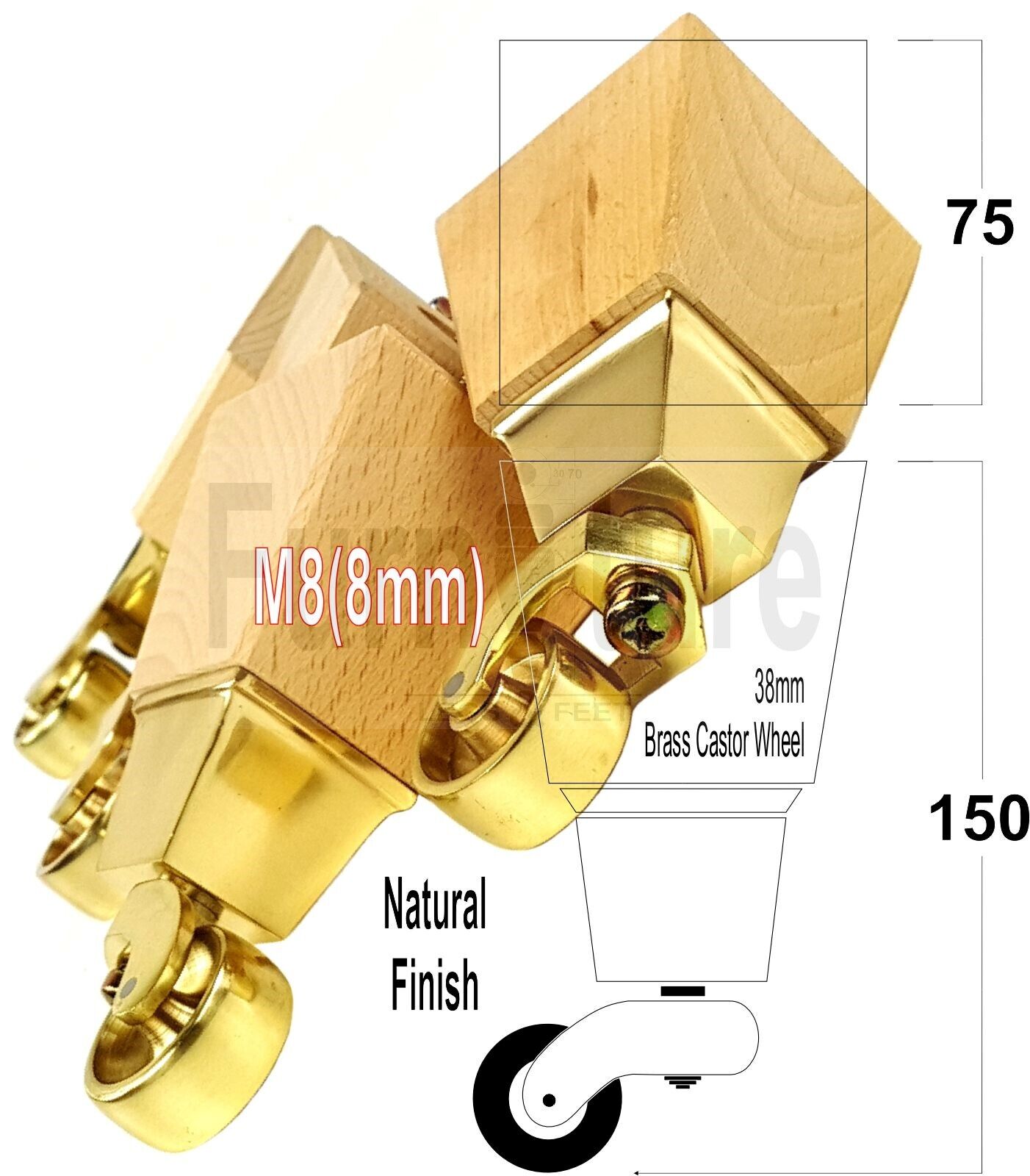 4x Block Wood Furniture Legs With Brass Castors For Sofa Chairs Settees 8mm Thread 150mm High