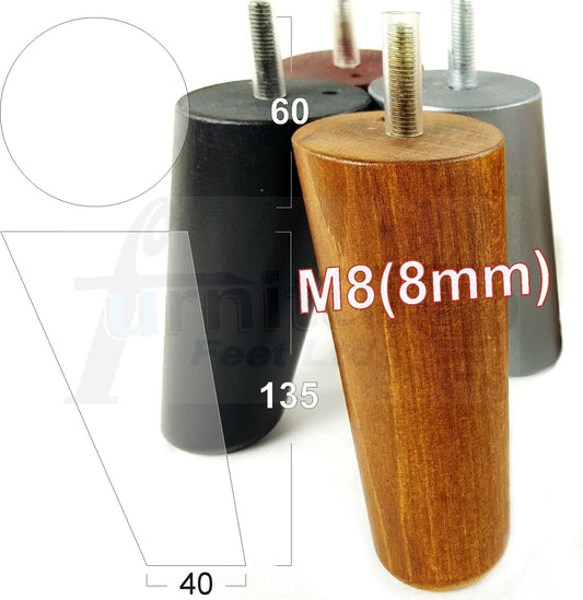 4 Solid Wood Turned Furniture Feet Replacement Mid Centry Angled Retro Legs 135mm High M8 Sofa Chairs Stools Cabinets Beds
