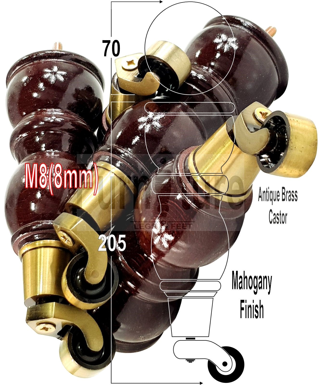 4 Turned Wood Furniture Feet With Castor 205mm High Legs Mahogany Finish M8 Sofas Chairs Stools Cabinets 8 Inches Tall