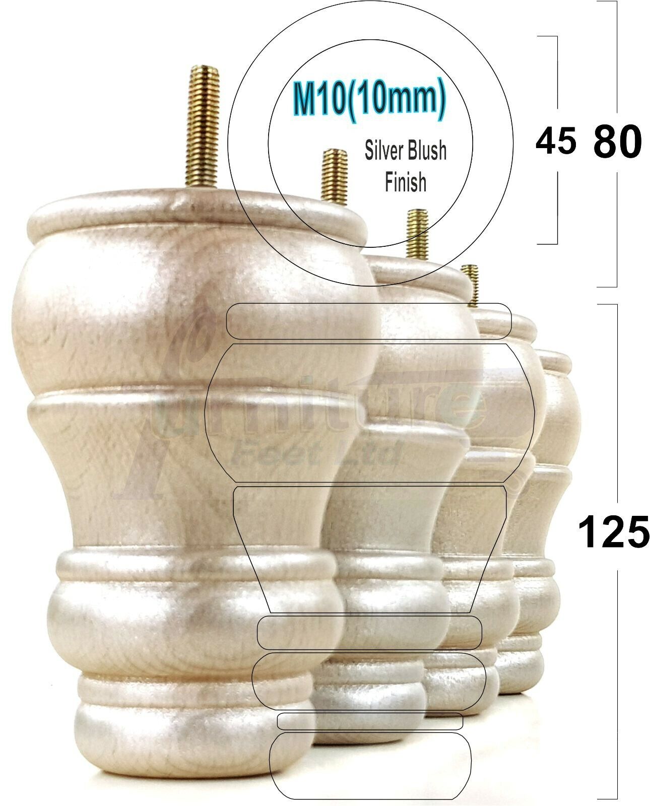 4 Turned Wood Furniture Legs M10 Thread Replacement Feet 125mm High Sofa Chairs Beds
