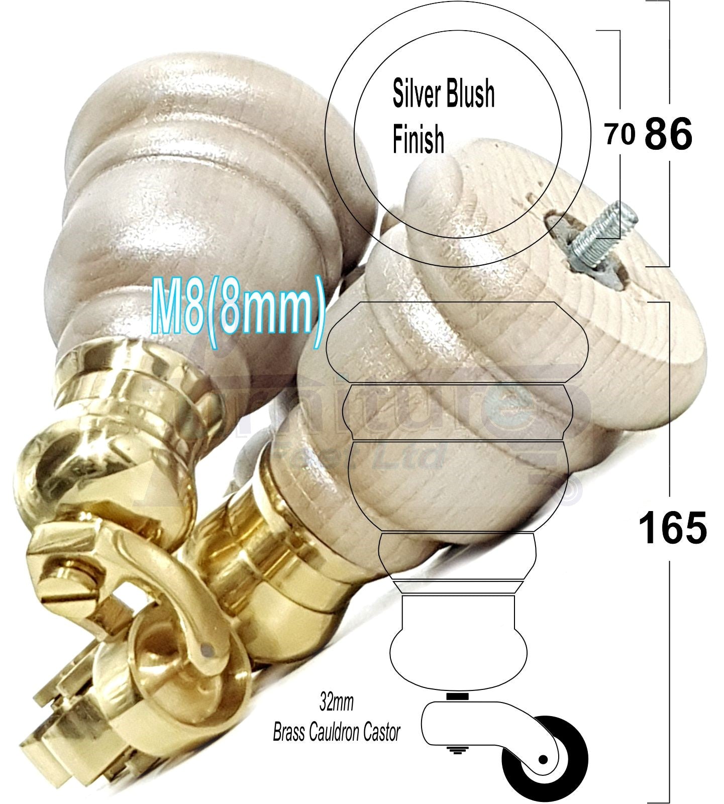 4 Turned Wood Furniture Feet With Brass Cauldron Castors 160mm Legs Sofas Chairs Stools Cabinets Beds M8 6 Inches