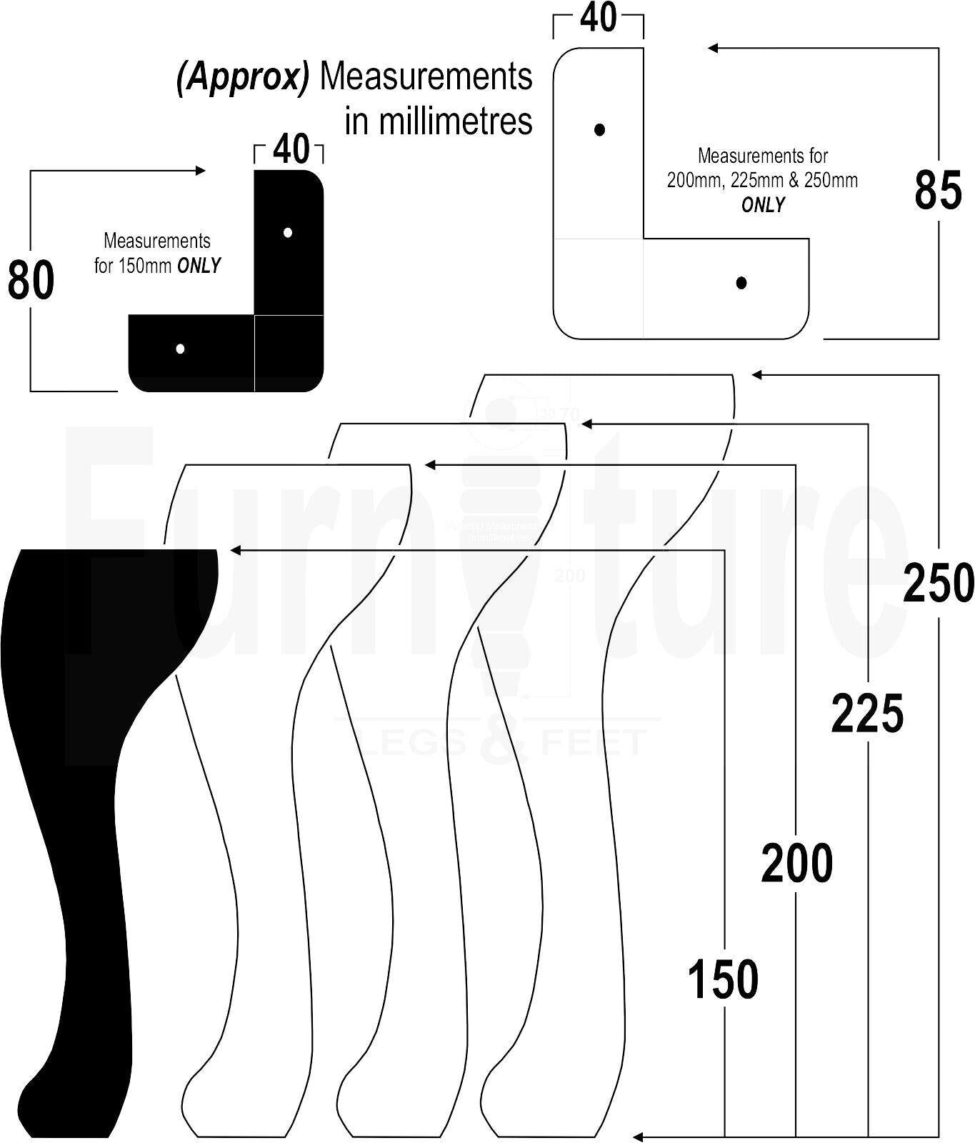 4 Solid Wood Furniture Feet 150mm High Queen Anne Replacement Legs M8 (8mm) 6 Inches Chair Stools Bed Sofa Georgian Style