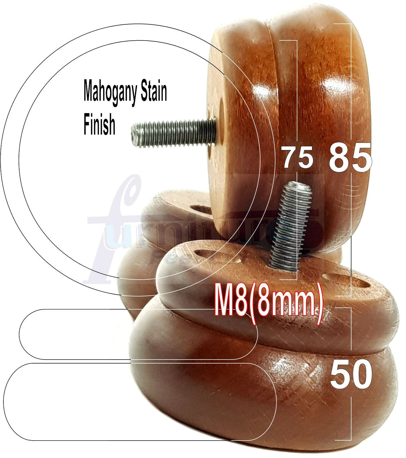 Set Of 4 Turned Wooden Furniture Legs Replacement Bun Feet 50mm High 8mm Thread