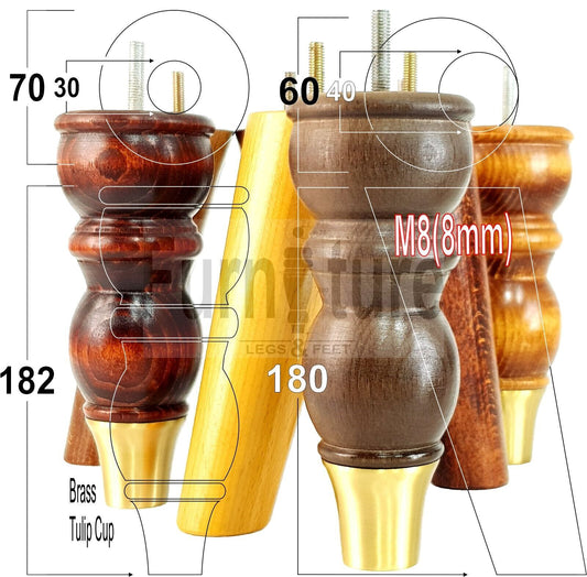 4x Wooden Furniture Feet 2x With Brass Slipper Cup 182mm High Legs M8 Sofas Chairs Settees Cabinets