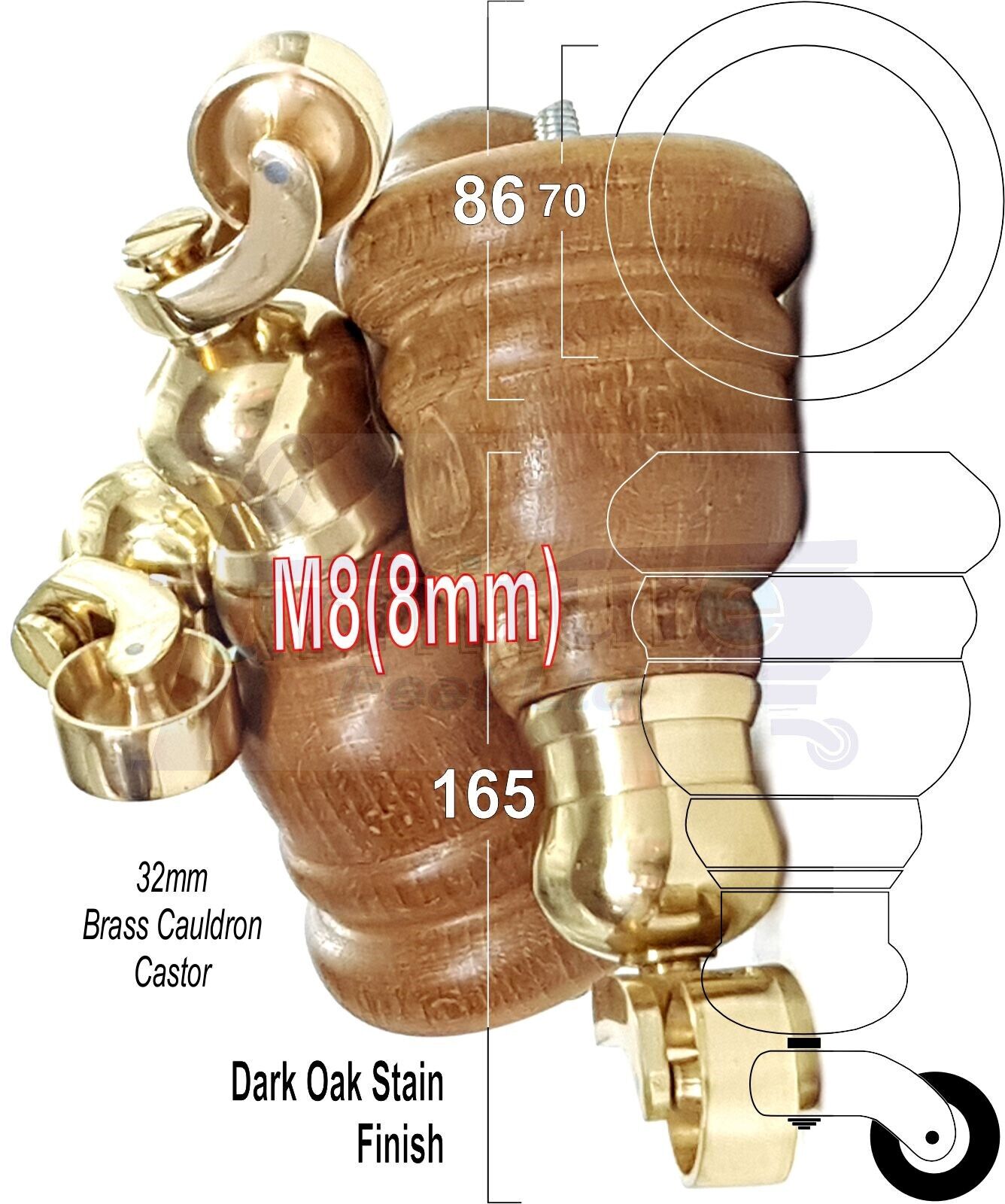 4 Turned Dark Oak Stain Wood Furniture Feet With Castors 155mm Legs Sofas Chairs Stools Cabinets Beds M8 6 Inches	