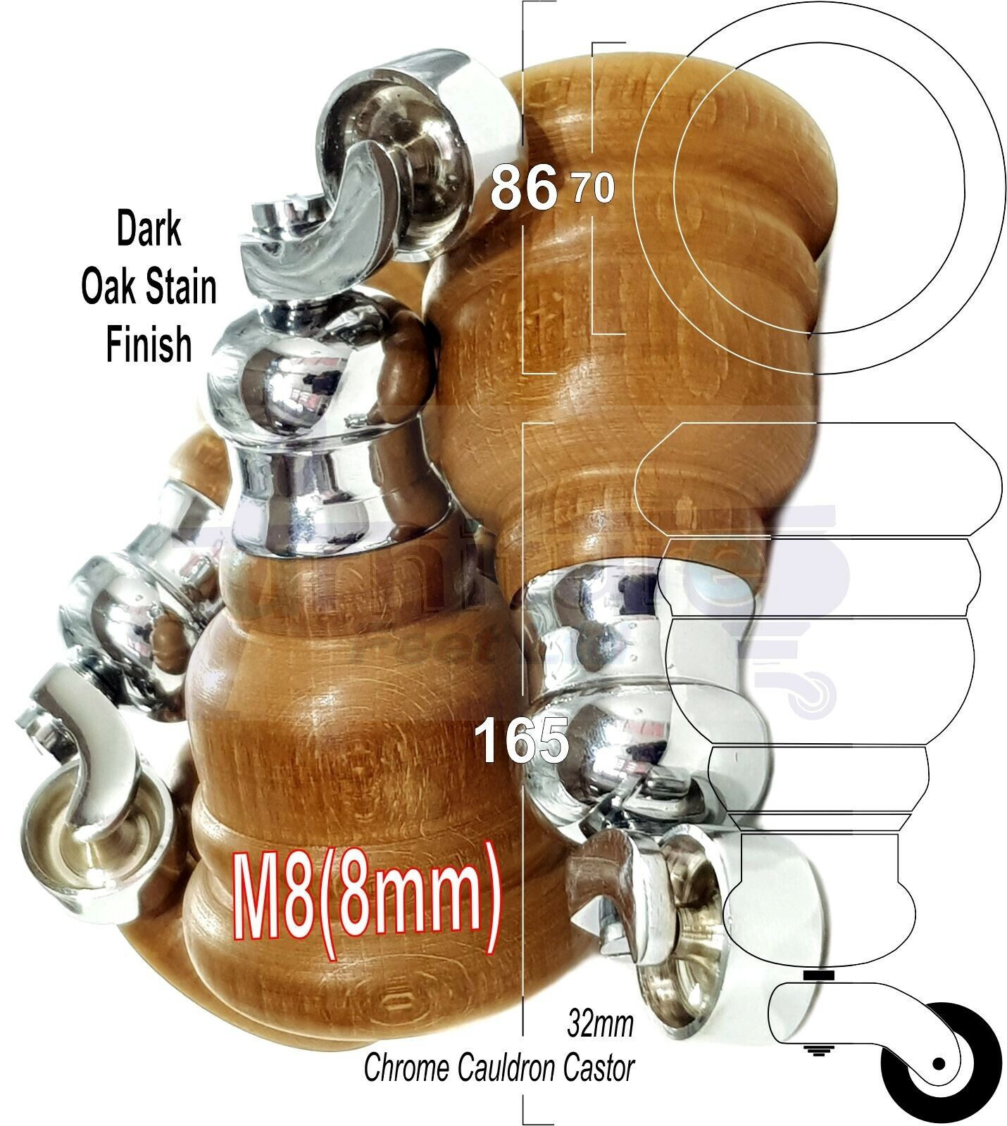 4 Turned Dark Oak Stain Wood Furniture Feet With Castors 155mm Legs Sofas Chairs Stools Cabinets Beds M8 6 Inches	