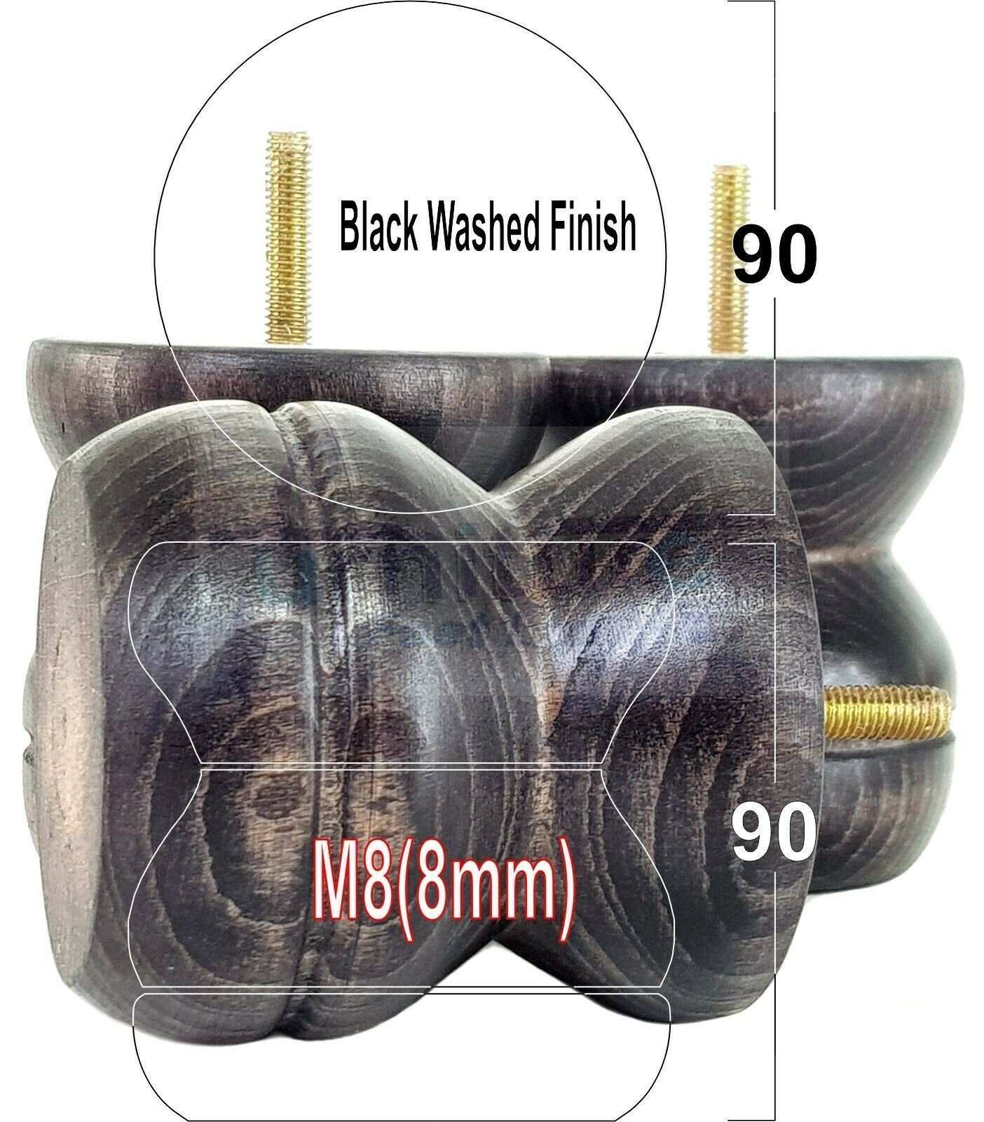 4x Turned Solid Wood Furniture Legs Replacement Bun Feet 90mm High 8mm Thread