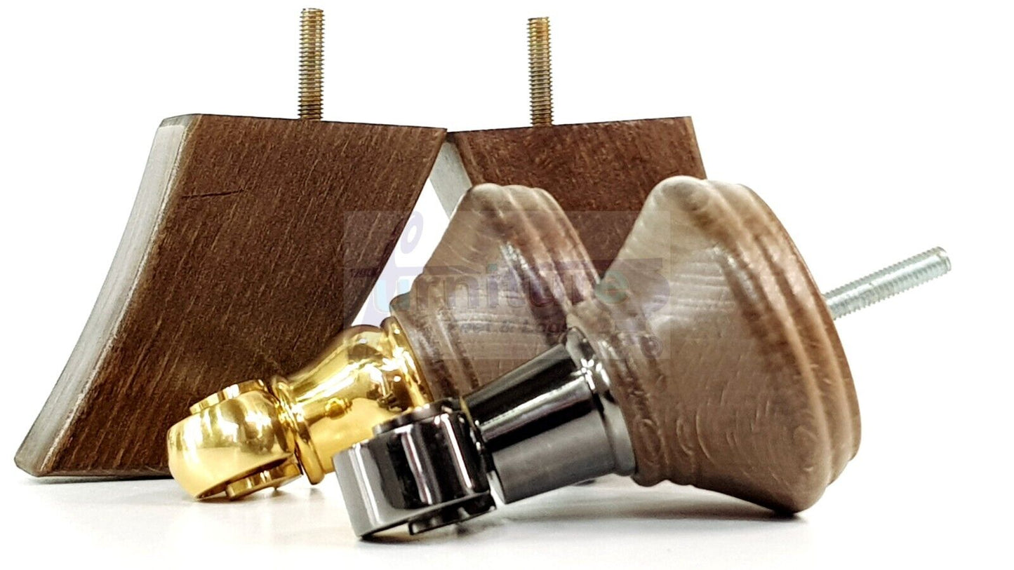 2 Antique Brown Stain Wood Furniture Sofa Feet With Castor 125mm & 2 Curved Legs Chair Settee 100mm High M8