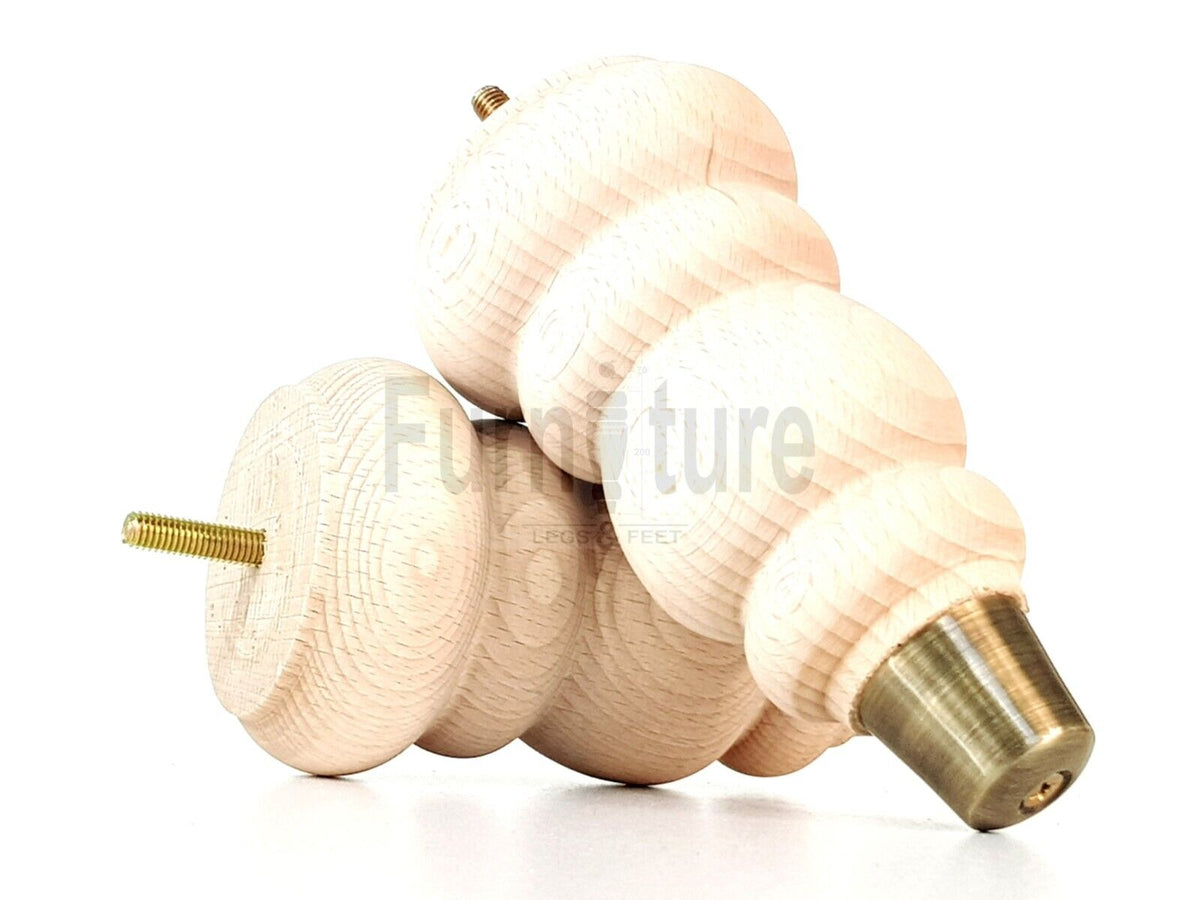 4x Round and Turned Wood Furniture Legs With Brass Slipper Cups Replacement Feet 165mm High M8 Thread