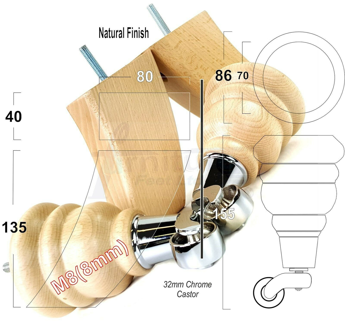 Turned Natural Wood Furniture Feet 2 With Castors 155mm and 2 Curved Back Legs Sofas Chairs Stools Cabinets Beds M8 6 Inches