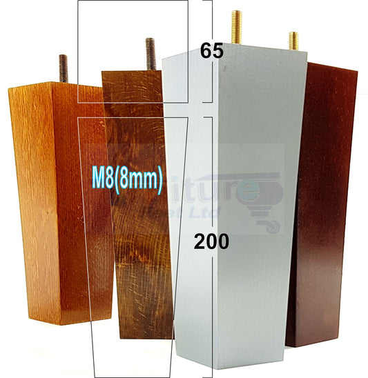 4 Solid Wood Furniture Feet Square Replacement Block Tapered Legs 200mm High M8 Sofa Chairs Stools Cabinets Beds