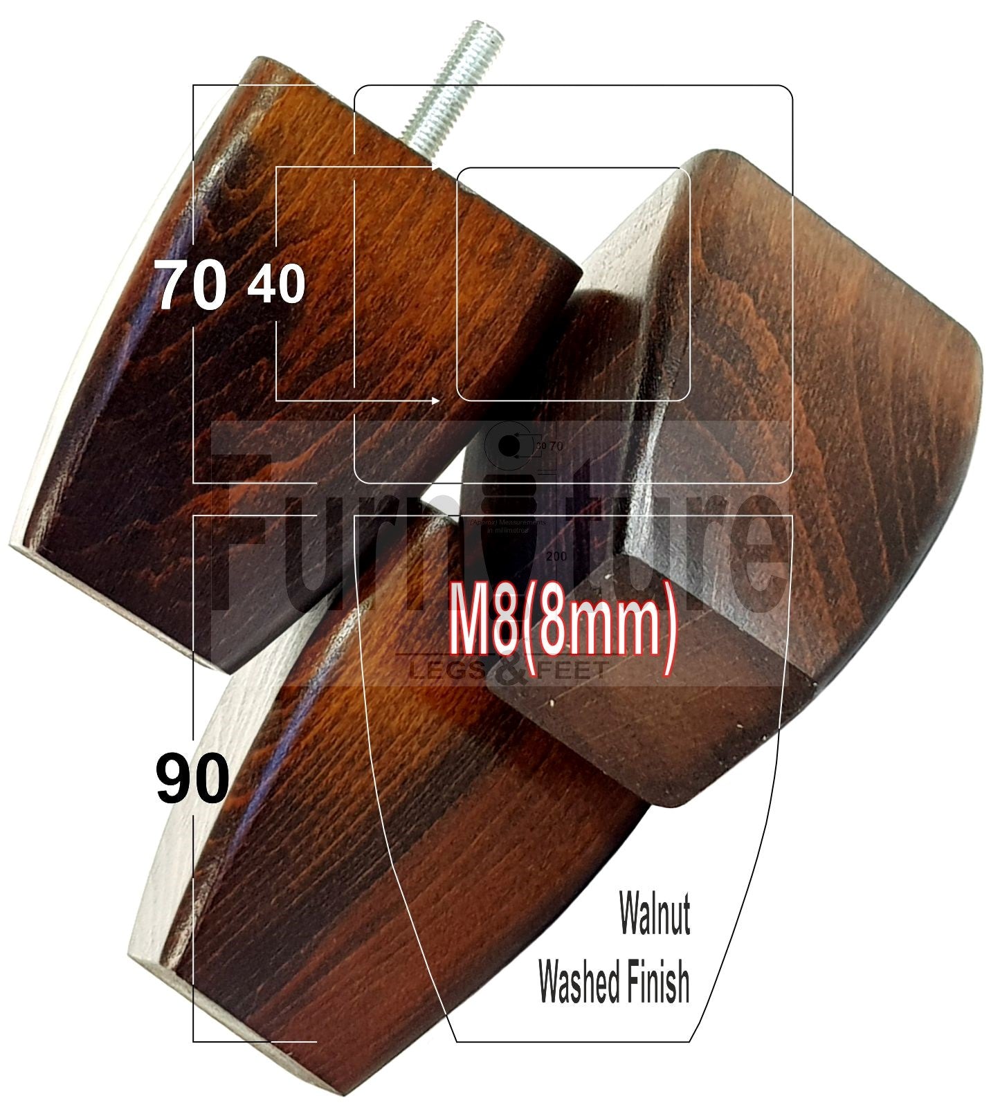 Set Of 4 Solid Wooden Block Furniture Feet Replacement Legs 90mm High M8(8mm)