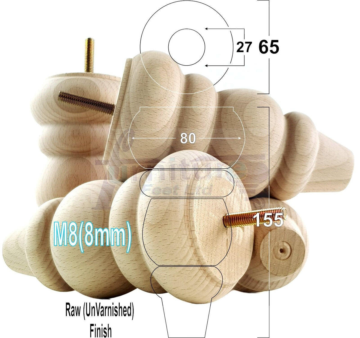 4 Solid Wood Turned Furniture Legs Round Repalcement Chair, Settee Feet 155mm 8mm Thread