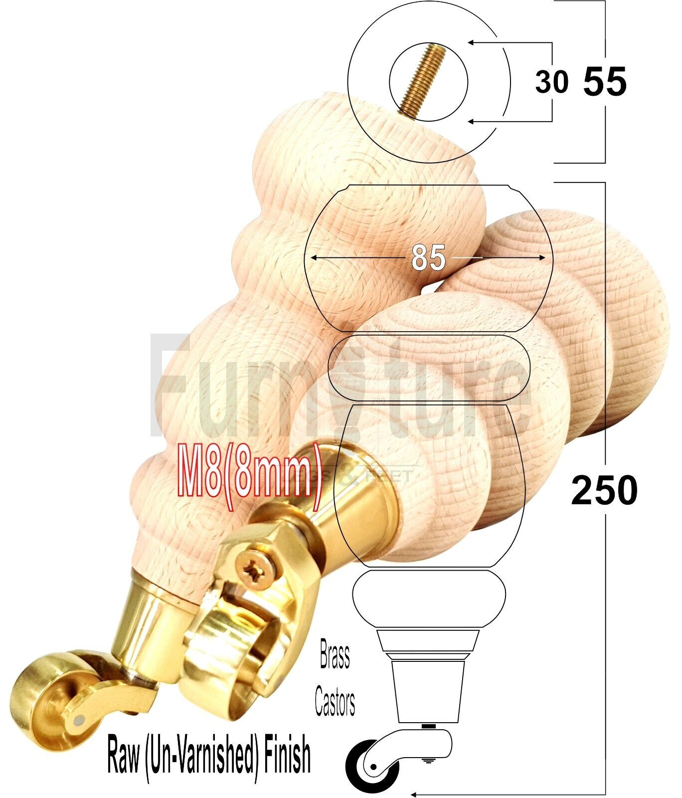 4x Turned Wood Furniture Brass Castor Leg M8 Replacement Feet Chairs Stools Sofa 250mm