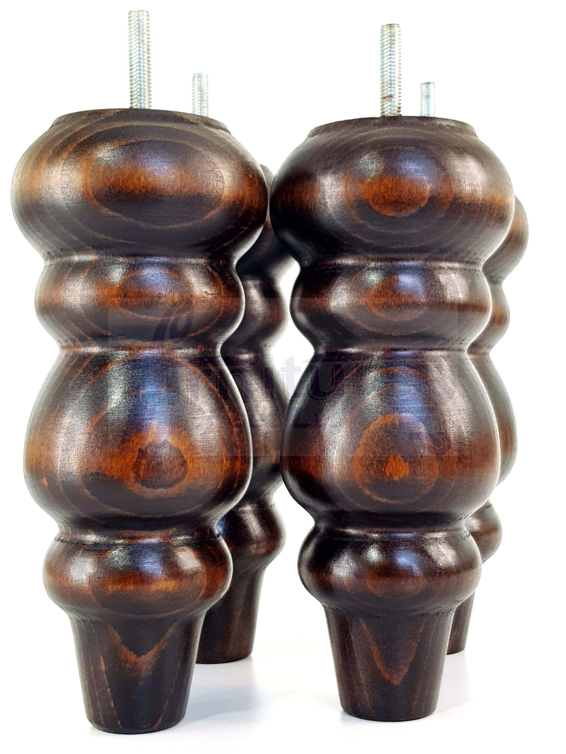 4 Solid Wood Furniture Legs Replacement Turned Feet 200mm High M8(8mm) Thread: Dark Walnut Washed