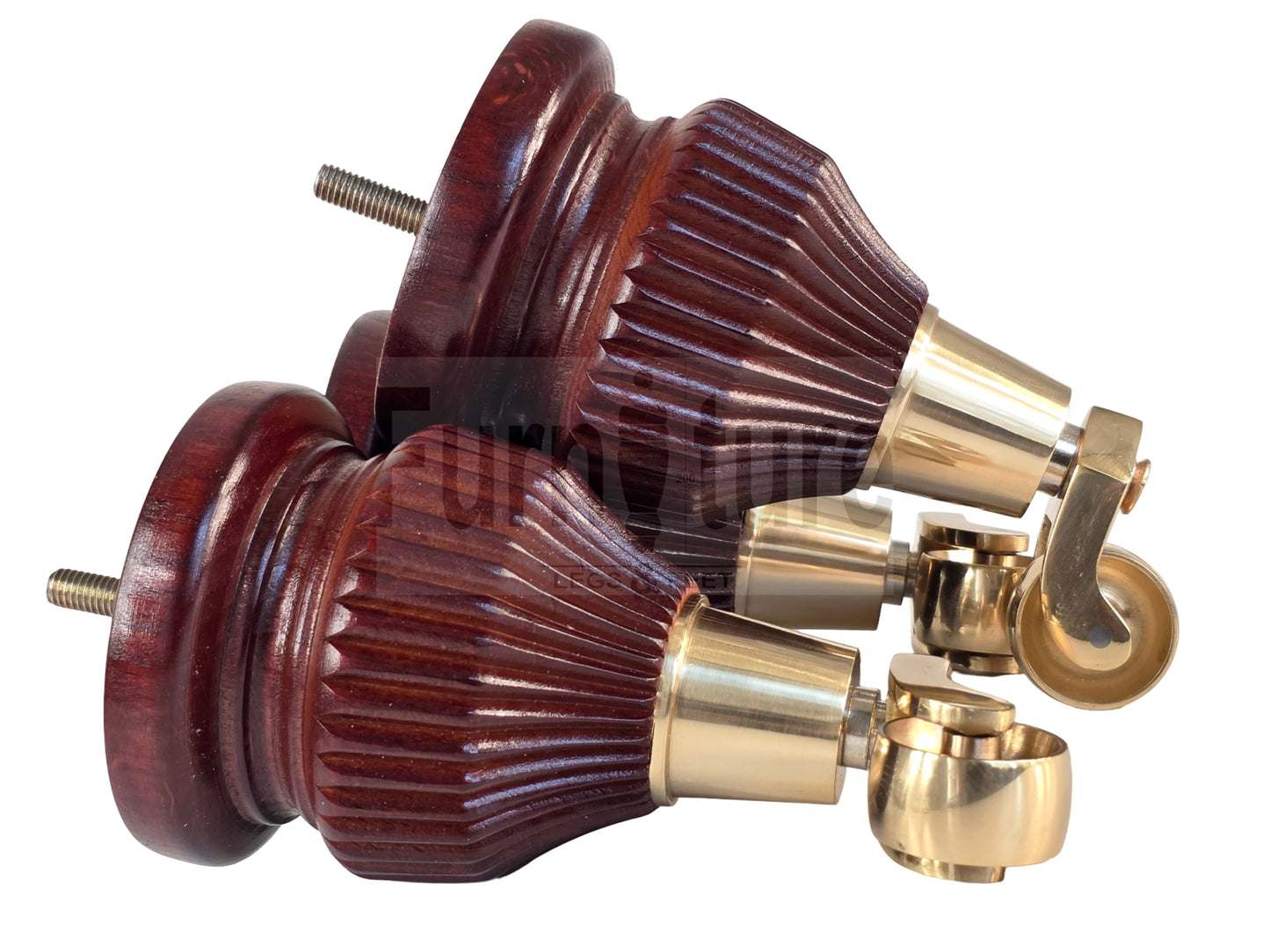 Wood Furniture Legs Replacement Feet 6 Inches with Brass Castors 155mm High M8 Dowl Fixing - Mahogany Finish