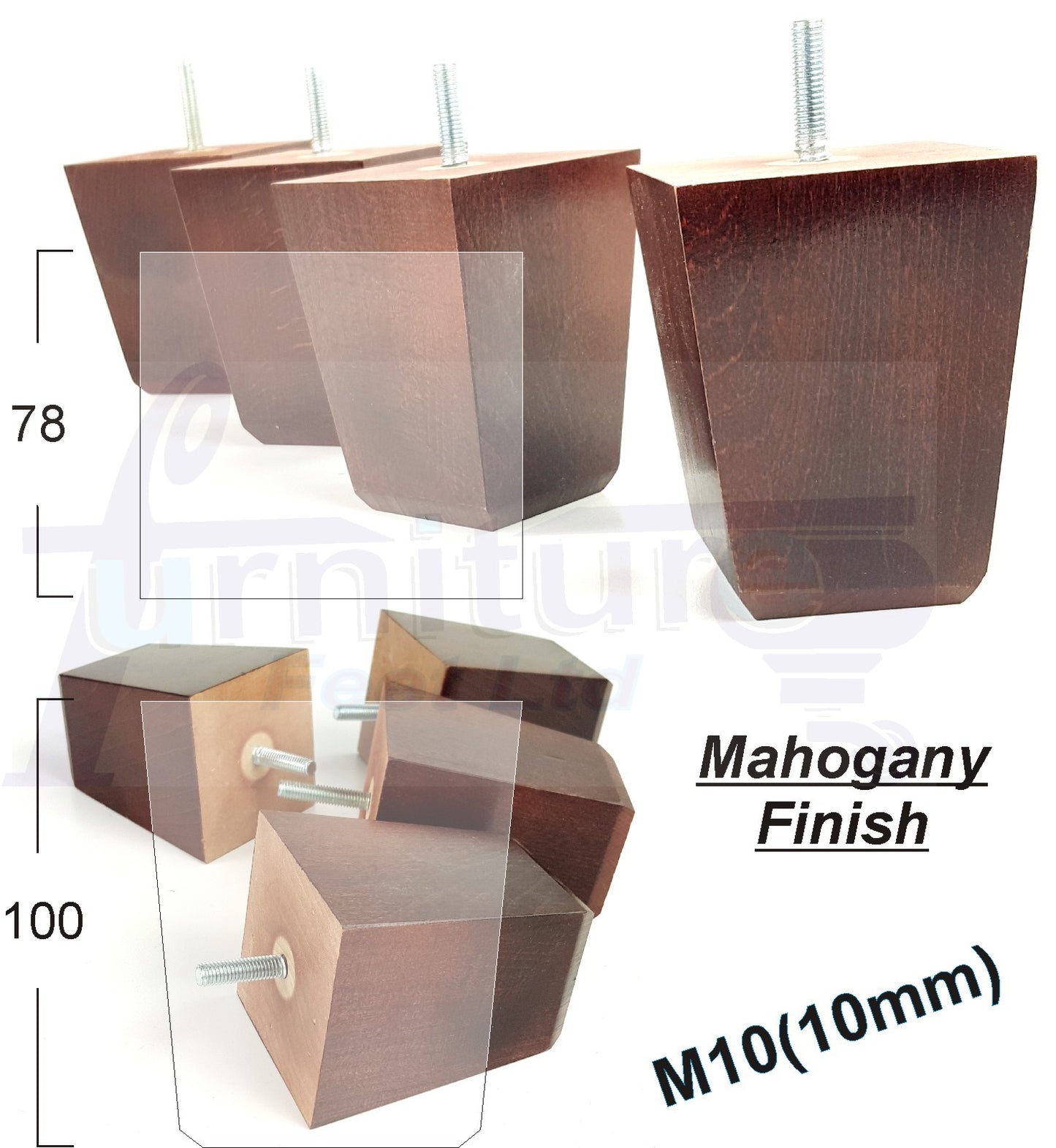 Set Of 4 Square Block Solid Wood Furniture Feet Replacement Legs 100mm High M10 Thread