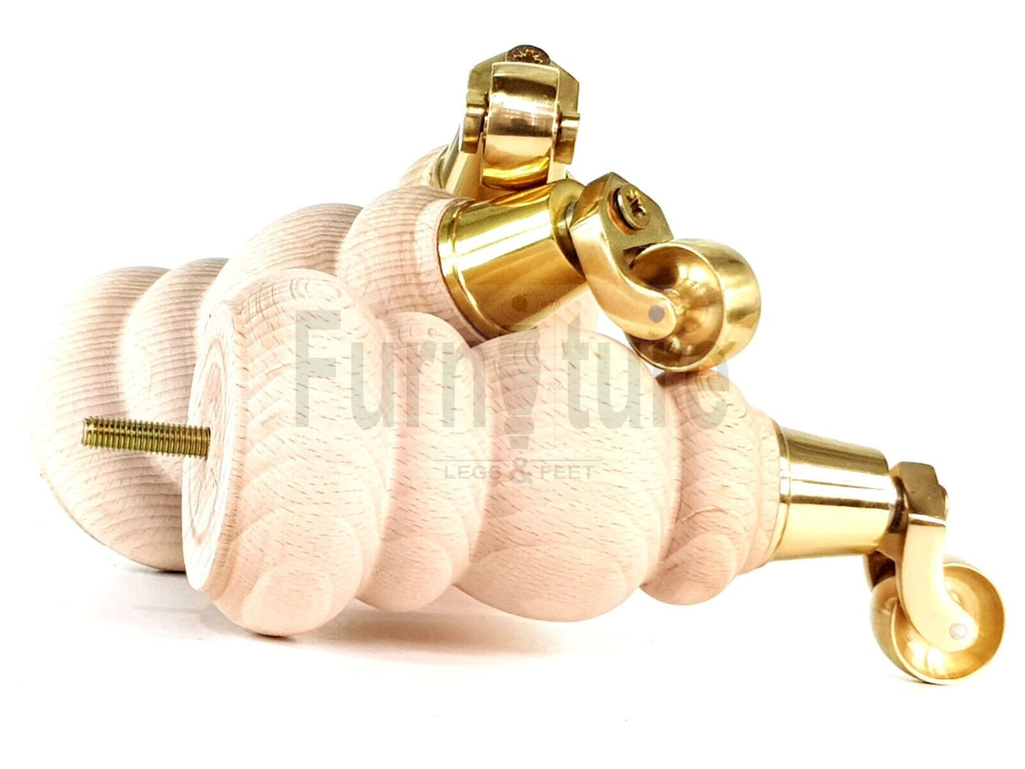 4x Turned Solid Wood Furniture Legs With Brass Castors Replacement Feet 200mm High 8mm Thread