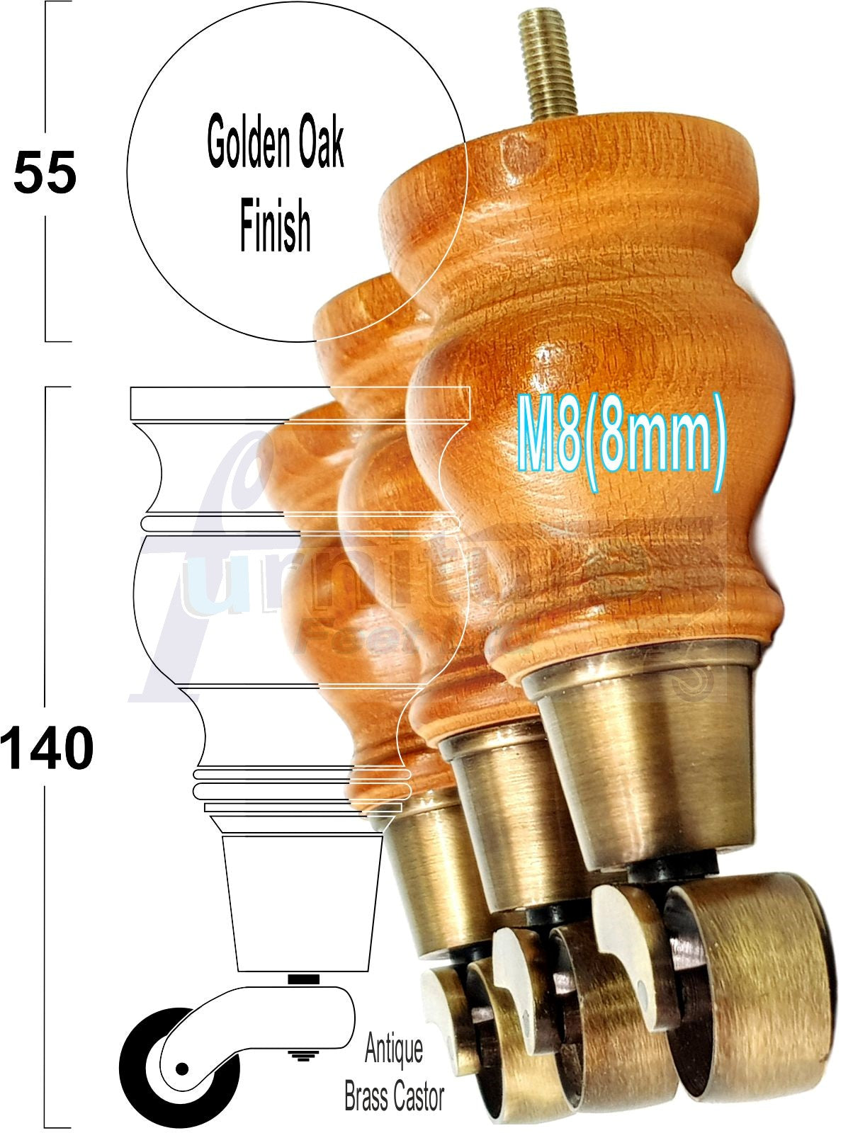 4x Turned Wood Furniture Legs With Antique Castor 150mm High M8 For Settees Chairs & Cabinets