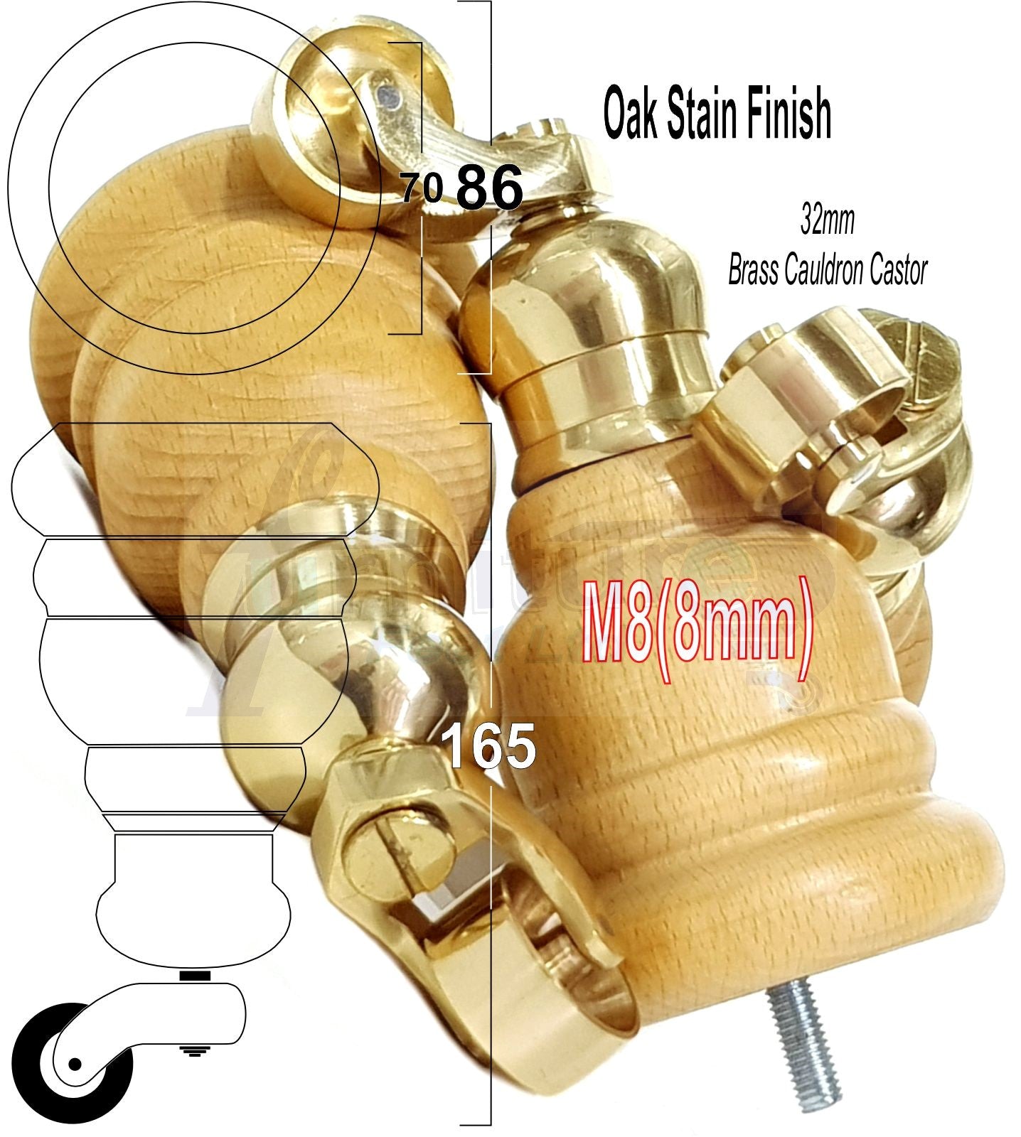 4 Turned Wood Furniture Feet With Brass Cauldron Castors 160mm Legs Sofas Chairs Stools Cabinets Beds M8 6 Inches