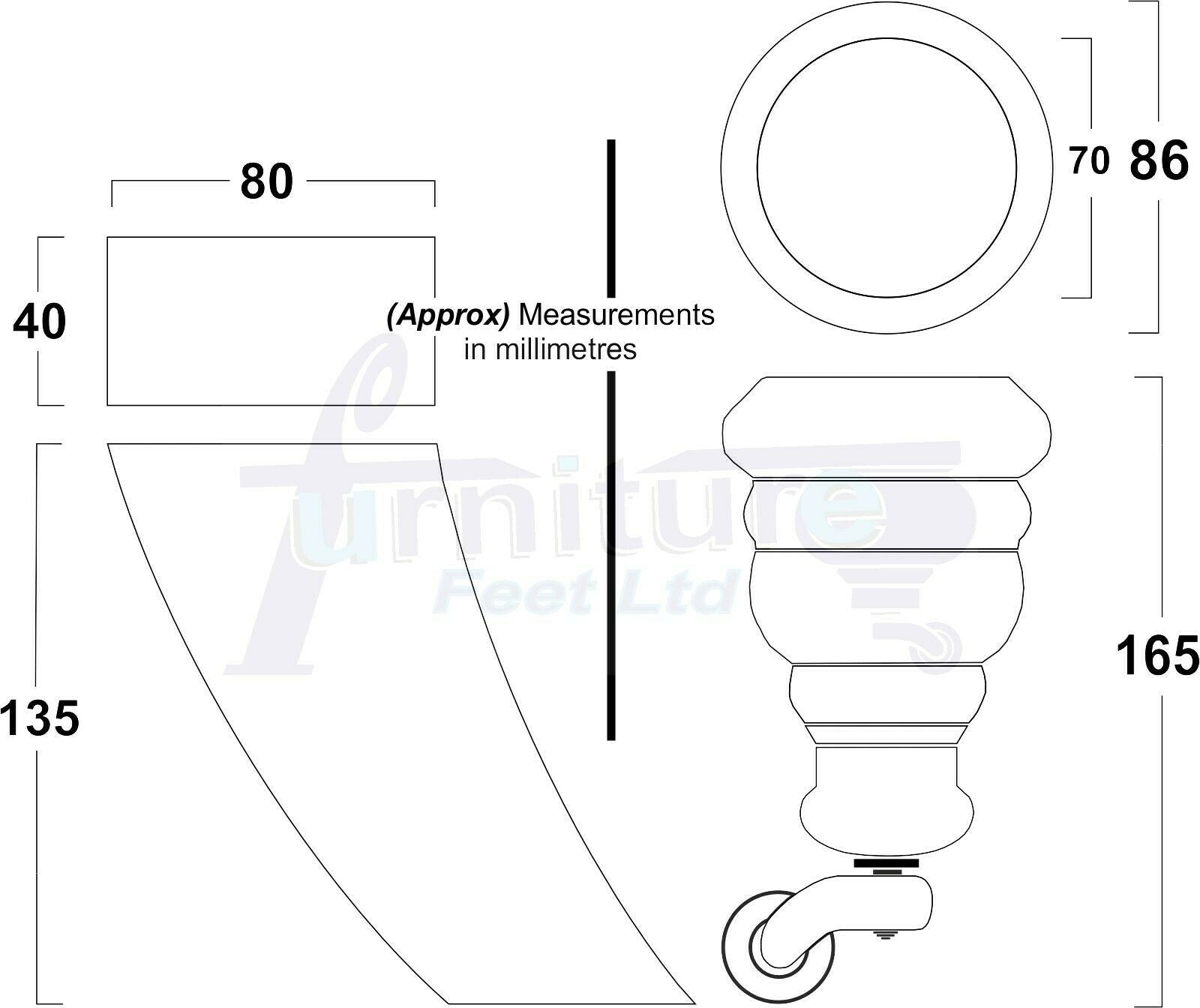 Turned Natural Wood Furniture Feet 2 With Castors 155mm and 2 Curved Back Legs Sofas Chairs Stools Cabinets Beds M8 6 Inches