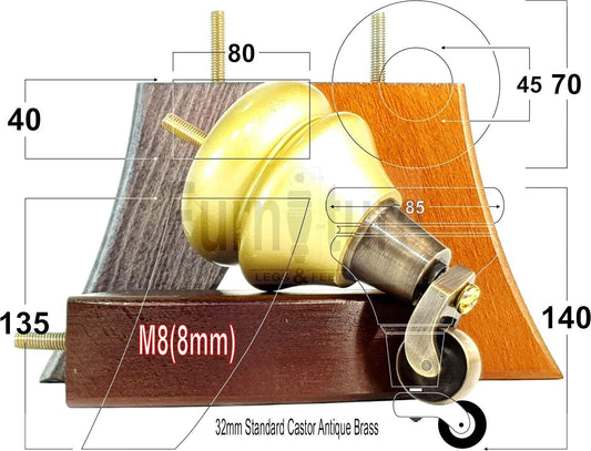 Turned Wood Furniture Feet 2 Antique Castors 140mm & 2 Curved Back Legs Sofas Chairs Stools Cabinets Beds M8