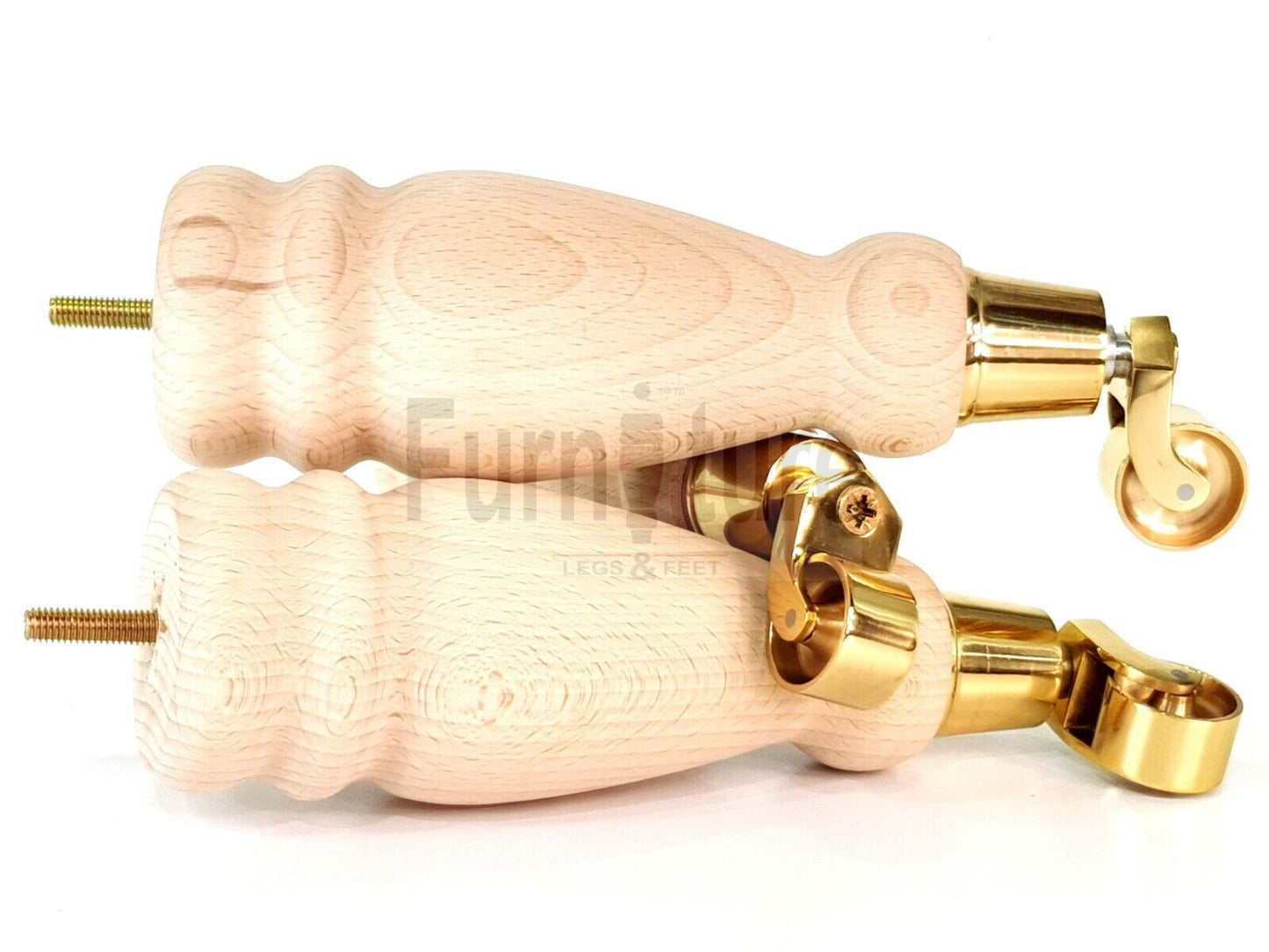 Set Of 4 Wooden Turned Replacement Furniture Legs 250mm High With Brass Castor Wheels 8mm Thread
