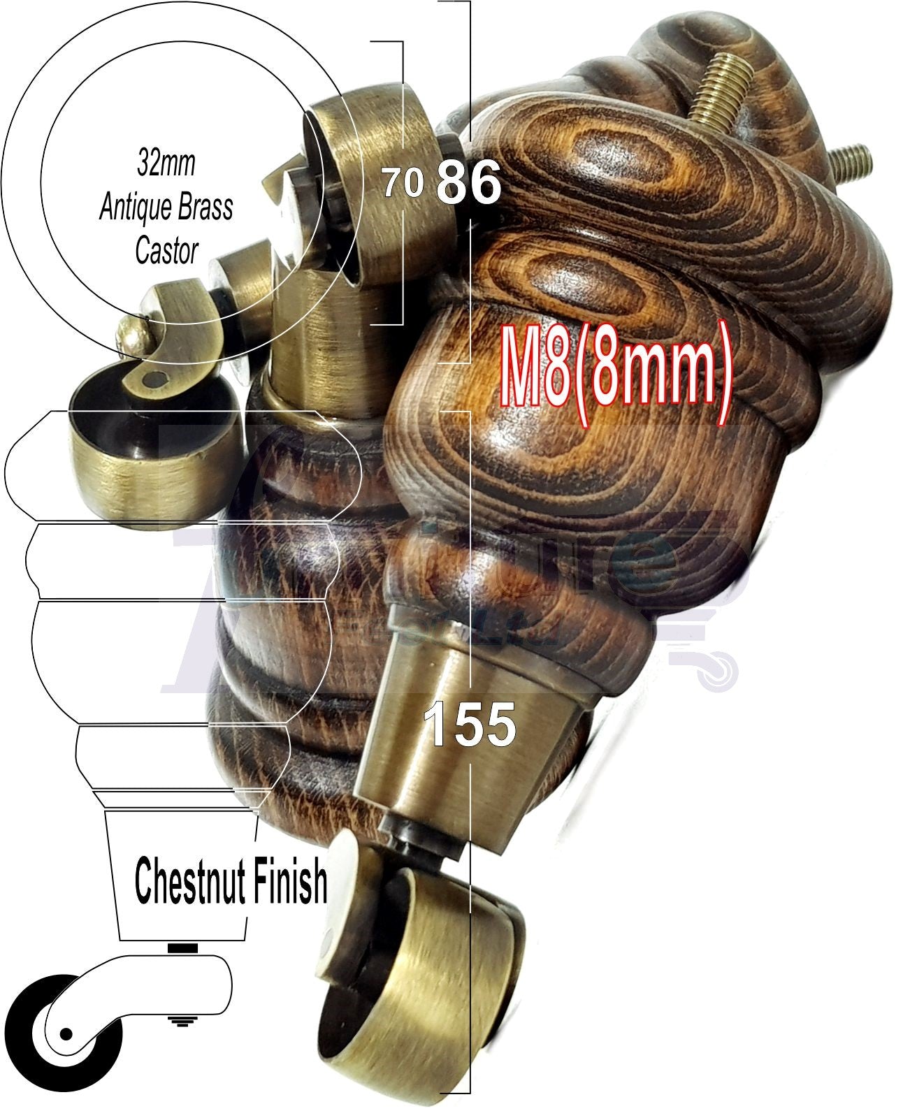 4 Turned Wood Furniture Feet With Antique Brass Castors 155mm Legs Sofas Chairs Stools Cabinets Beds M8 6 Inches