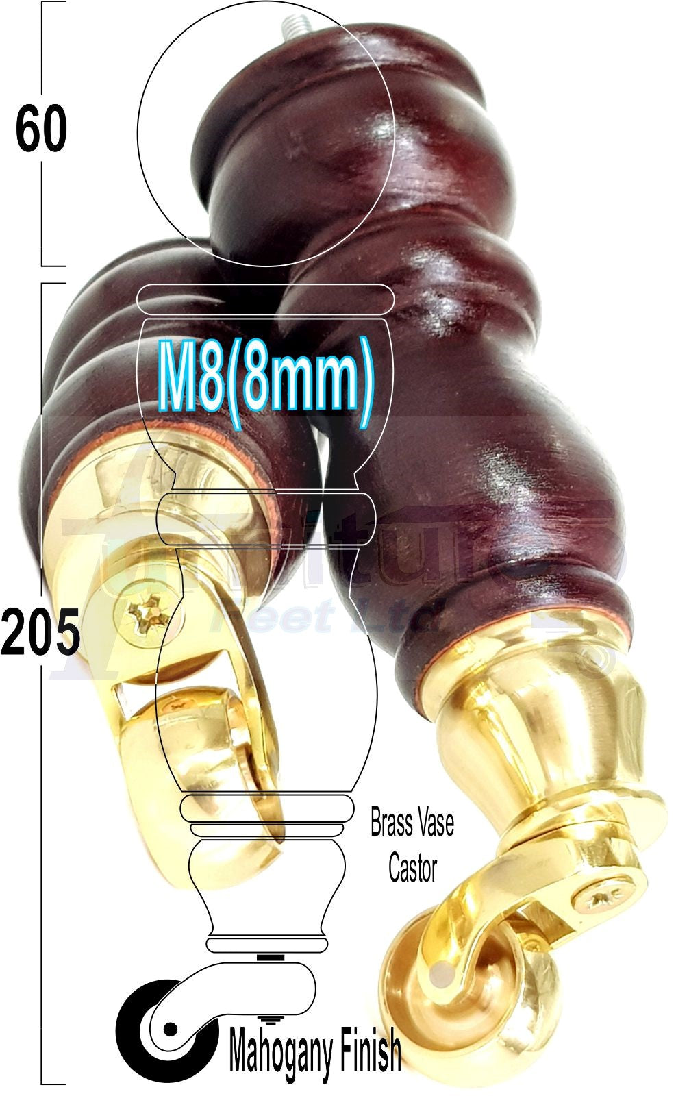 2x Solid Wood Turned Furniture Legs Replacement Castor Feet 205mm High Mahogany Chairs Stools Sofa Settee Cabinets M8