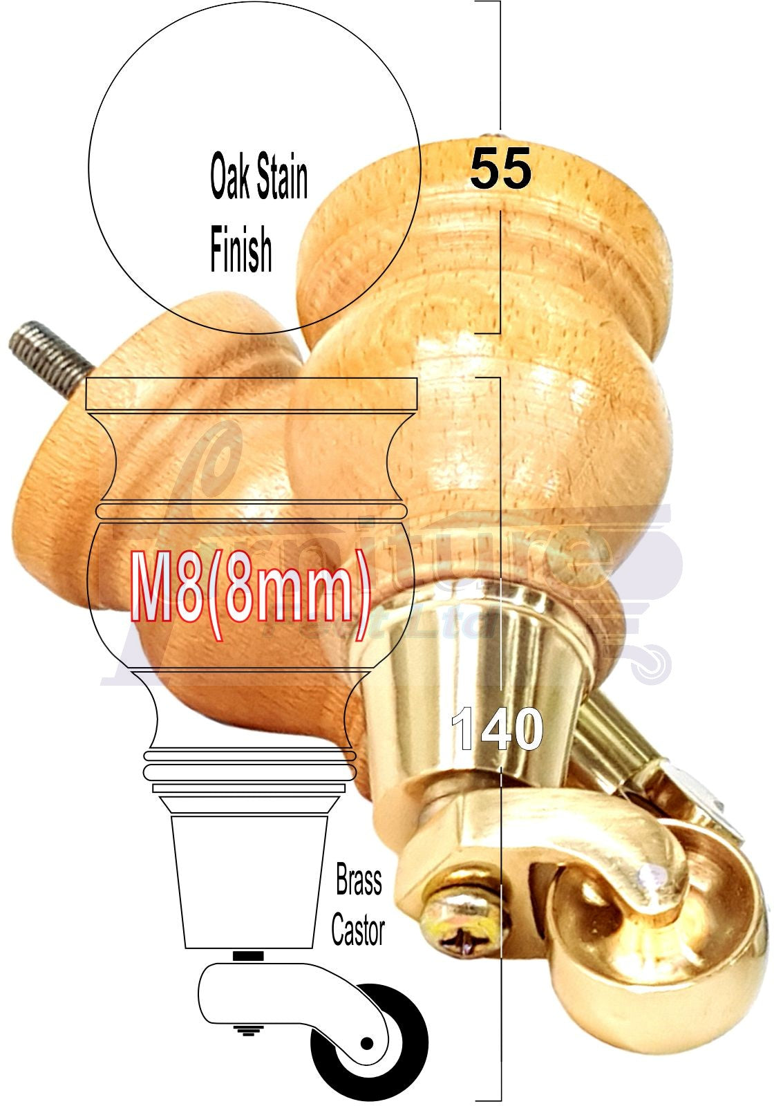 4x Turned Wood Furniture Feet With Brass Castors M8 Chair Sofa Settee Legs 140mm