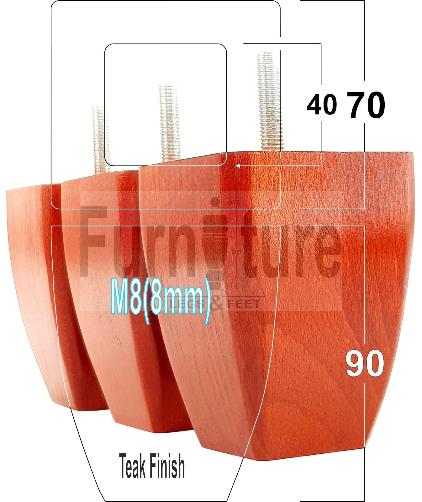 Set Of 4 Solid Wooden Block Furniture Feet Replacement Legs 90mm High M8(8mm)