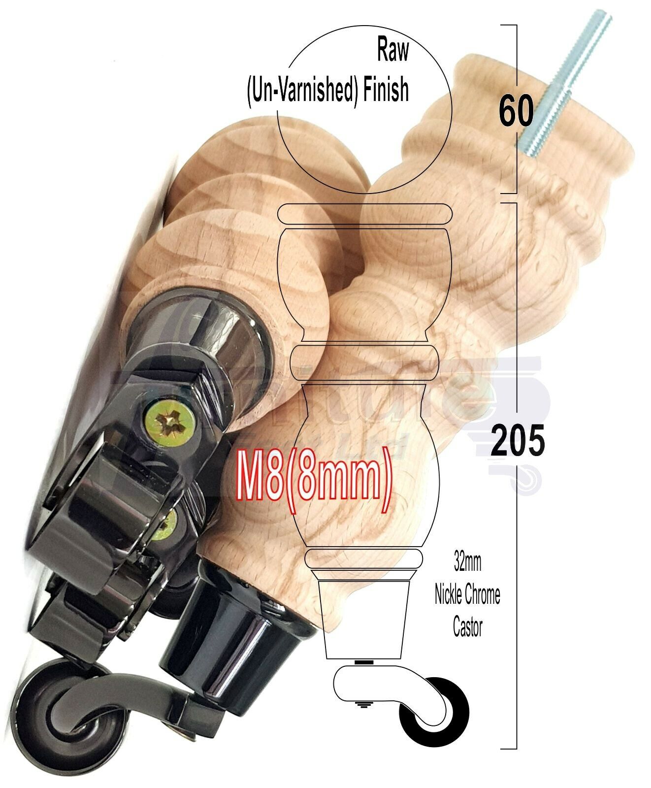 4x Furniture Feet With Castor 205mm High Legs Raw Wood M8 Sofas Chairs Stools Cabinets 8 Inches Tall