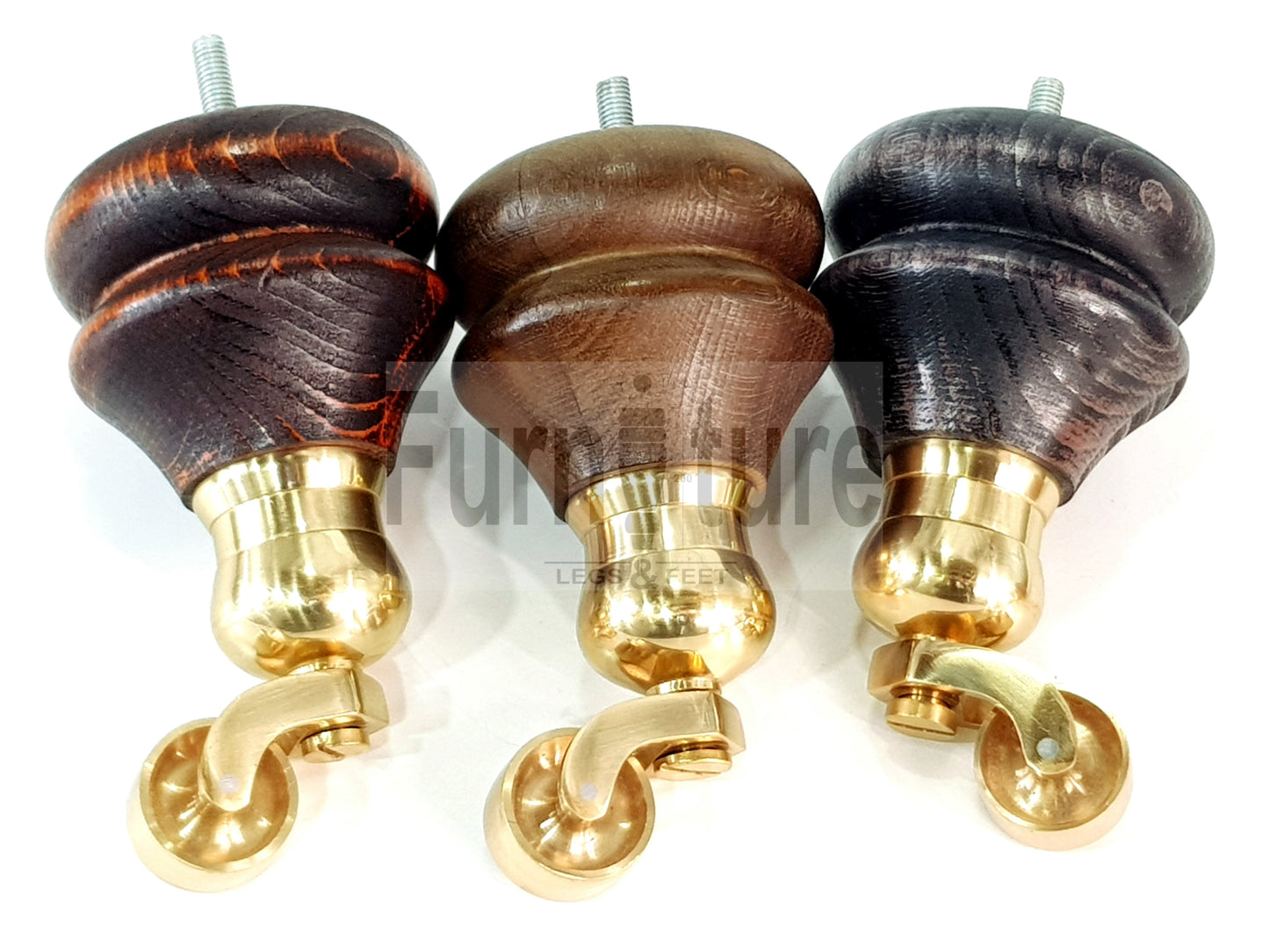 Set Of 4 Turned Furniture Wood Feet With Brass Castors 150mm Sofas Chairs Settee Cabinets Beds M8(8mm)